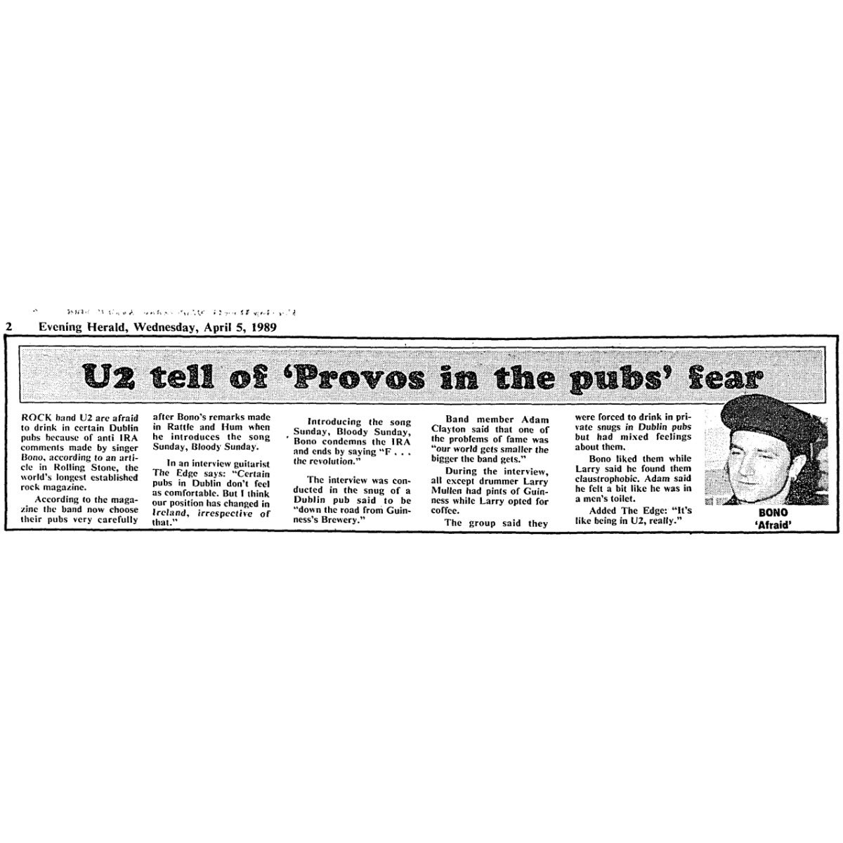 fallon_donal's tweet photo. April 1989 report on U2’s fear of “Provos in the pubs”, and how the band were “forced to drink in private snugs.”

Rolling Stone said “Bono liked them while Larry said he found them claustrophobic.” https://t.co/aOI6B4yFmN