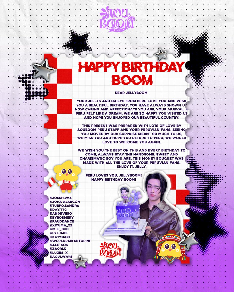 AouBoomPeru's tweet photo. 𝐌𝐎𝐍𝐄𝐘 𝐁𝐎𝐔𝐐𝐔𝐄𝐓 𝐅𝐎𝐑 𝐁𝐎𝐎𝐌 💐💜

From Peru 🇵🇪, we lovingly prepared this special gift to celebrate Boom's birthday. 💐💜

A huge thank you to @BesevboomF for their patience and constant support in making this gift happen 💜

We hope that through this gift, you can feel all the love your Peruvian Dailys have for you 🥹💜

𝐇𝐀𝐏𝐏𝐘 𝐁𝐈𝐑𝐓𝐇𝐃𝐀𝐘, 𝐁𝐎𝐎𝐌! 🎂💜
𝐖𝐢𝐭𝐡 𝐥𝐨𝐯𝐞, 𝐟𝐫𝐨𝐦 𝐏𝐞𝐫𝐮. 🇵🇪

BESEVBOOM 28TH TO INFINITY

#BloomingWithBoom28th
#BirthBoomDay28th #besevboom #เยลลี่บูม