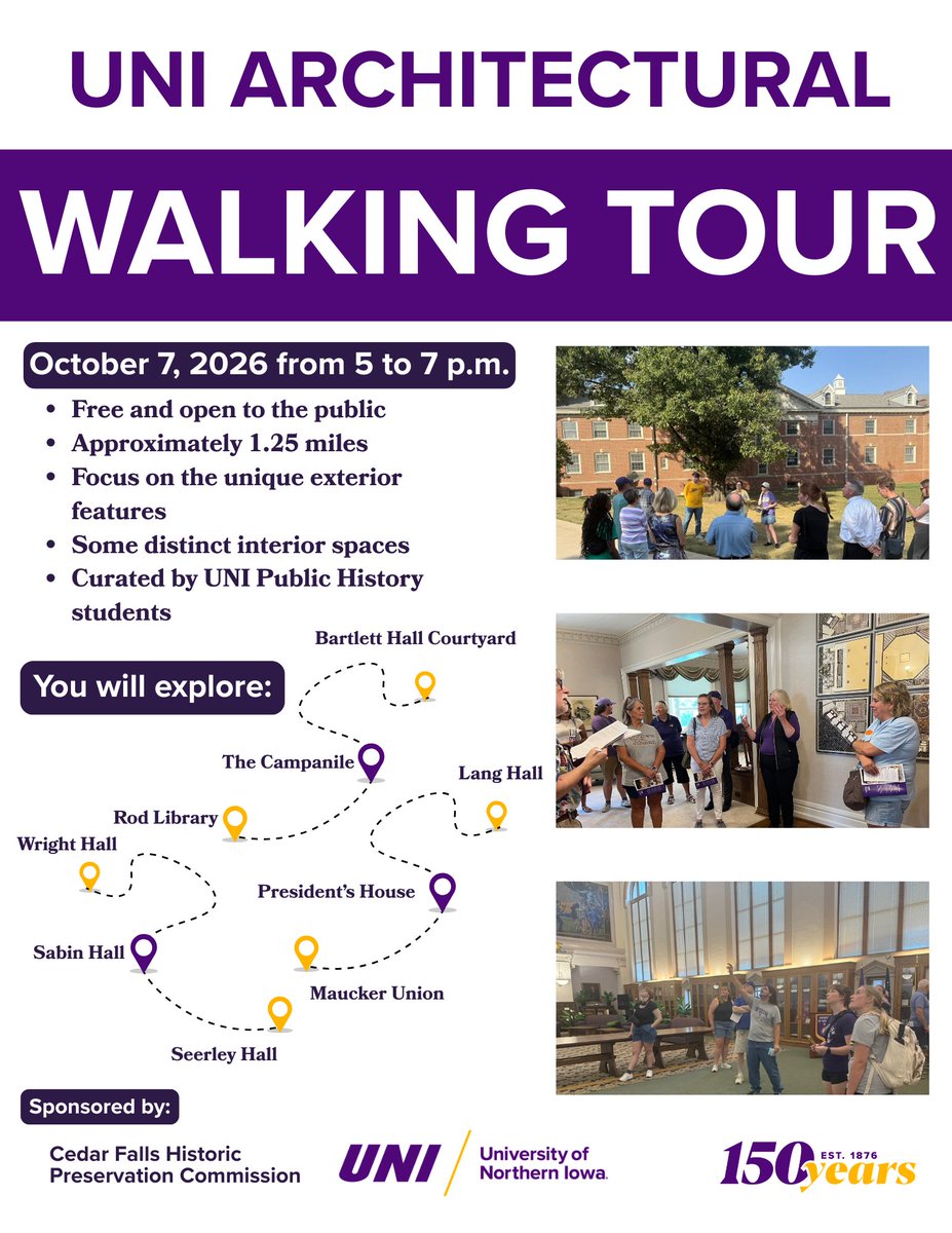 RodLibrary's tweet photo. 🏛️ Step into UNI’s history and design on our Architectural Walking Tour of Campus! Explore iconic buildings, hidden details, and the stories behind the spaces that shape Panther life. #UNI #CampusTour #Architecture https://t.co/E2VD1qaOfC