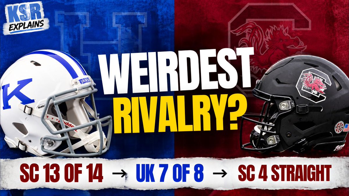 StevenPeakeKSR's tweet photo. Kentucky and South Carolina aren’t considered rivals. 

But they should be 

Over 60% of the matchups come down to a play in the 4th quarter. 

New KSR Explains: Why this matchup keeps telling us where Kentucky football stands. 

Watch here: https://t.co/2B0VxwkpoK https://t.co/fBNzx5vG24