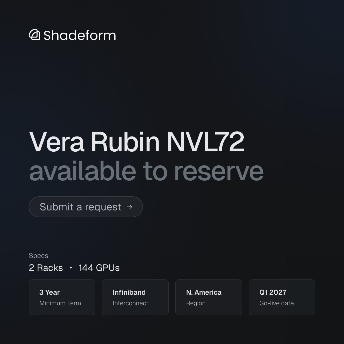 jeffreyajewett's tweet photo. We have a 2 rack (144 GPUs) Vera Rubin NVL72 Infiniband cluster coming online in Q1 of next year.

Early performance results have shown a 4.8x throughput increase for inference workloads over GB200s (source: Cognition / Coreweave).

If you're interested, DM me or submit a request here: https://t.co/vD1SLQ3w63