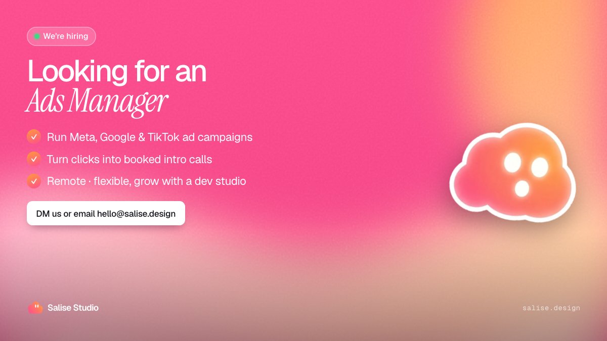 salisestudio's tweet photo. We're hiring ☁️

Looking for an Ads Manager to help Salise Studio grow:
→ Meta, Google &amp; TikTok ad campaigns
→ turning clicks into booked intro calls
→ remote, flexible

DMs open, Reply Below or email hello@salise.design

RT appreciated 🙏 https://t.co/NYckZhVODz