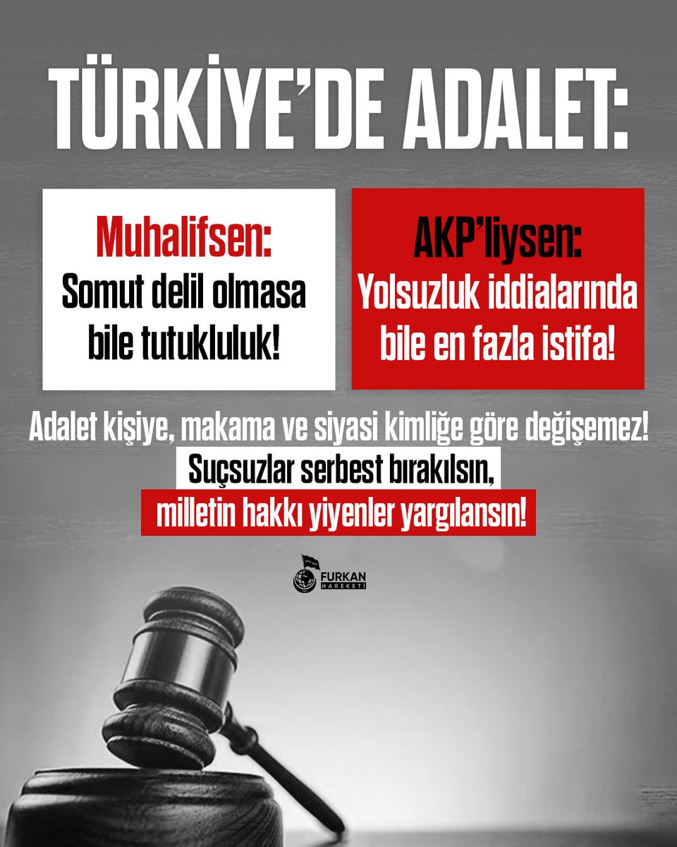 frknhrkti's tweet photo. TÜRKİYE’DE ADALET:

Muhalifsen: Somut delil olmasa bile tutukluluk!
AKP’liysen: Yolsuzluk iddialarında bile en fazla istifa!

Adalet kişiye, makama ve siyasi kimliğe göre değişemez! 

Suçsuzlar serbest bırakılsın, milletin hakkı yiyenler yargılansın!

AsılSuçlular Yargılanmıyor
AlparslanHocaya Ozgürlük 
SemraHocaya Ozgürlük
Kardeşlerimizi SerbestBırakın