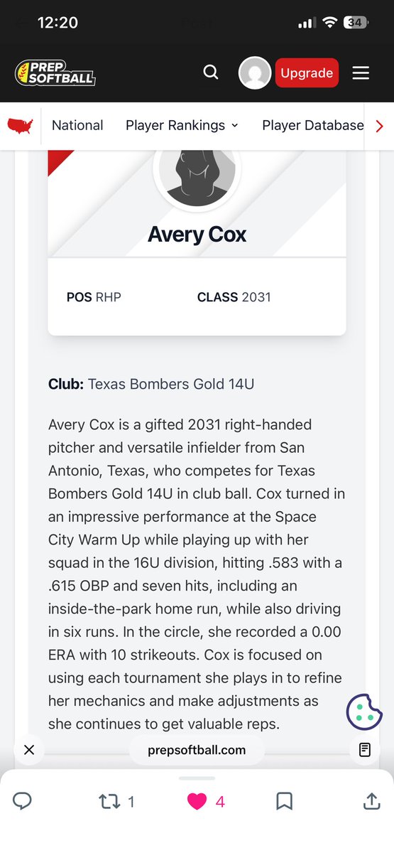 CoxAvery2013's tweet photo. Thank you @PrepSoftball for recognizing me as a 2031 prospect. https://t.co/7nT4ZiD5mR