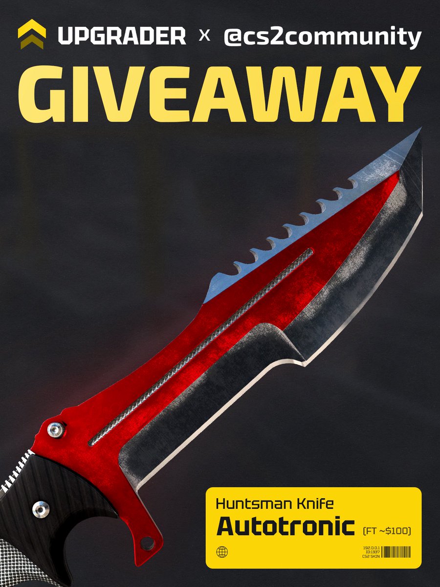 cs2community's tweet photo. I'm giving away a knife to the Counter-Strike community 🎁

$100 Huntsman Knife | Autotronic 🔥

To enter:
✅ Follow @upgradercs &amp; @cs2community 
✅ Retweet + Like
✅ Tag a friend

Picking the winner in 7 days ⏰ https://t.co/xA4Yqny3HL