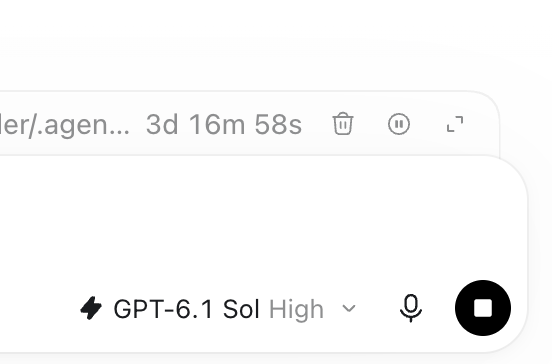 A user interface shows a ChatGPT agent timer at '3d 16m 58s' with a 'GPT-6.1 Sol High' model selector below.