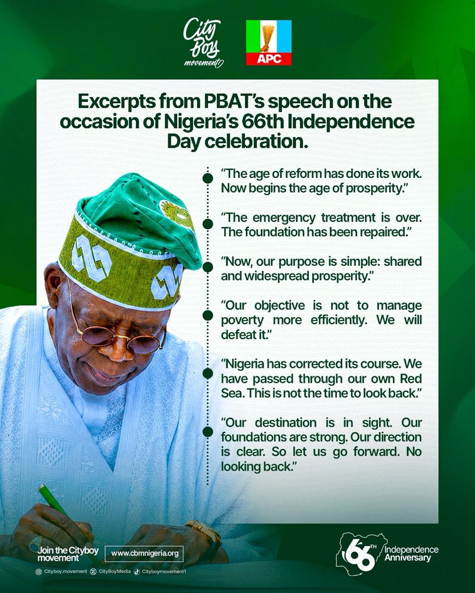 Bodite's tweet photo. Excerpts from PBAT’s speech on the occasion of Nigeria’s 66th Independence Day celebration.

1st October 2026

#NigeriaAt66
#IndependenceDay
#CityBoyMovement
#RenewedHope
#PBAT2027 https://t.co/CSLJjbeBIw
