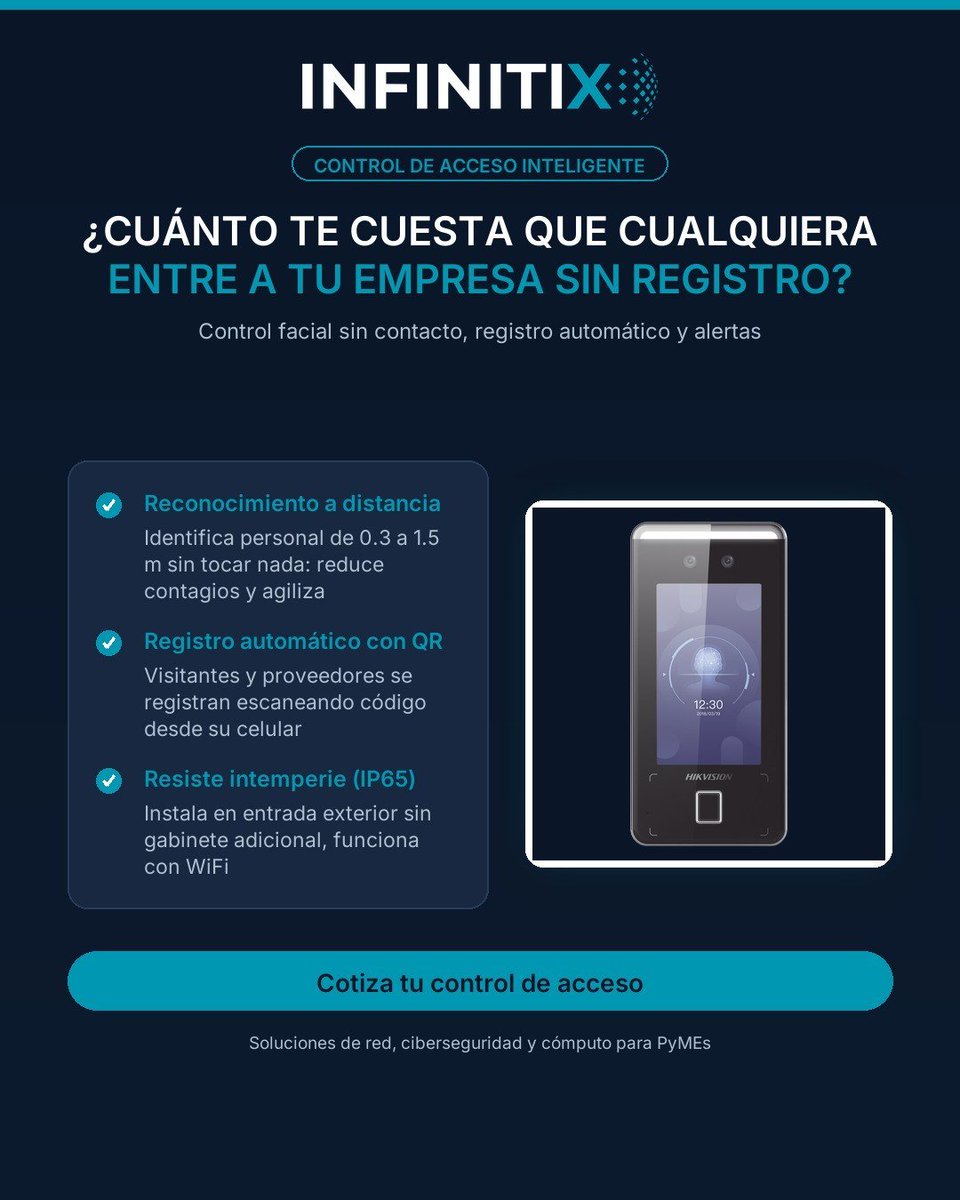 Infinitixgroup's tweet photo. ¿Sabes quién entró hoy a tu empresa y a qué hora? Un terminal facial registra automáticamente personal y visitas sin contacto, con QR desde celular y bitácora digital. Resiste intemperie y se conecta por WiFi. Control real, sin bitácoras manuales. https://t.co/WabSduOt3S