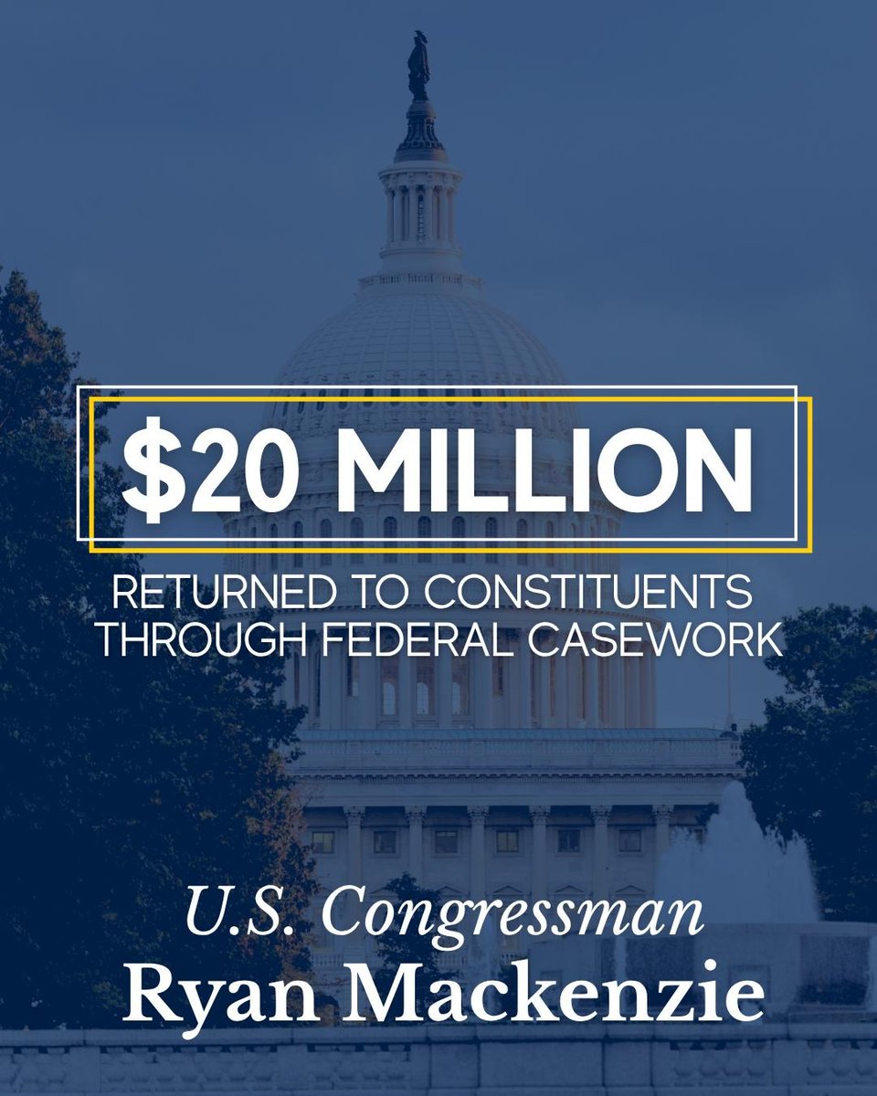 RepMackenzie's tweet photo. Since taking office, my office has helped return $20.7 million to constituents across the Lehigh Valley and the Poconos through federal casework and assistance.

Whether it’s a delayed IRS refund, Social Security or veterans’ benefits, passport issues, or another problem with a federal agency, our constituent services team is here to help cut through the red tape and get people the answers and money they are owed.

This milestone represents thousands of cases where our team was able to step in and help.

Read more: https://t.co/Z1XoFFUjfU