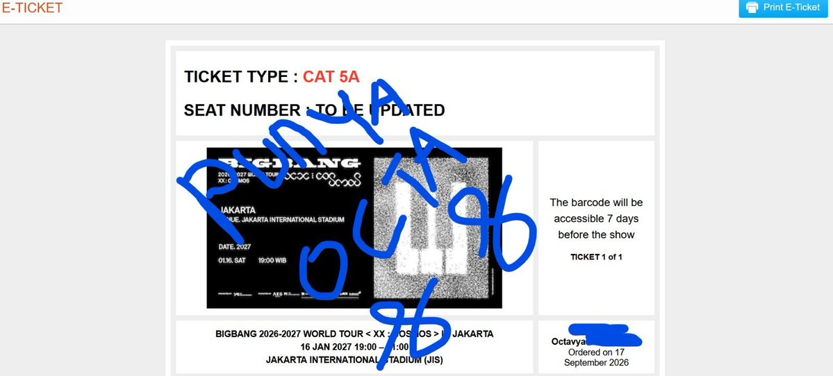 ocljoyfull's tweet photo. WTS {WANT TO SELL} BIGBANG 2026-2027 WORLD TOUR < XX : COSMOS > DI JAKARTA 

1 tix CAT 5a day 1 - Harga sesuai invoice (2.621.000)

MEMBERSHIP PRESALE 

Data pribadi ku
Diurus sampai WB
COD st krl bekasi, jakarta, depok, bogor

Boleh lanjut dm

#wts #wtb #zonauang #bigbang https://t.co/KtIeFv2GWn