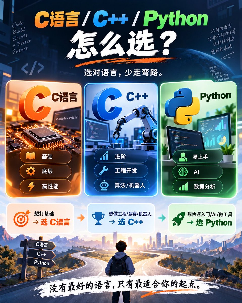 CatalxuanYang's tweet photo. 很多朋友在刚学习计算机的时候，都在思考先学习哪一门编程语言，C语言，Python,C++,这三门语言没有绝对的优劣，但对于不同的应用场景，优先级完全不同，于是我根据我的学习经验来写下这篇文章，希望能对你们有帮助

1.如果各位朋友未来打算走走嵌入式 / 硬件 / 电子信息方向：

首选C语言，学习STM32无法绕过C语言，绝大部分代码的都是用C语言去写的，其次单片机开发需要频繁处理内存地址映射、位运算（置 1 清 0）、指针传递和中断响应，C 语言能够让你直观理解硬件和内存是如何工作的

2.未来想搞数据分析或跑人工智能模型，Python 是最友好的入门语言：

Python的语法语法简洁明了，上手门槛低，有着功能完善的标准库，在硬件领域的用法：它无法替代 C 语言去写对时序和单片机底层固件，但它是极佳的辅助工具——可以用几行 Python 快速写个串口上位机接收单片机数据

3. C++ 是一门极其庞大且特质复杂的语言（不适合0基础去学习）：

类与对象、继承多态、模板元编程、STL 容器、运算符重载足够让0基础的朋友想放弃了， 更科学的路线就是把 C 语言的基础打牢（搞懂内存与指针），再去学 C++ 的“面向对象”思想会自然顺畅很多。现代嵌入式（如复杂车载系统、ROS 机器人框架）也常用 C++