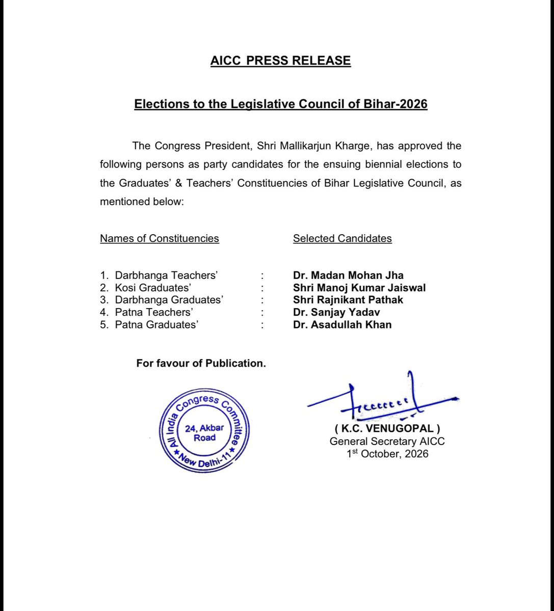 subhashpathak's tweet photo. Congress move has come as a blow for RJD, which was expecting that the former will finally fall in line, instead of taking a line. By fielding its own candidates in Bihar’s MLC seats, Congress ignored RJD’s unilateral ‘coalition dharma’. &amp; chosen strength over subservience. https://t.co/u6yL1l2h4N