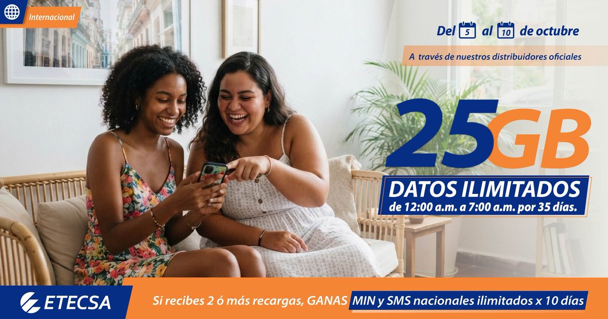 EtecsaServicios's tweet photo. 📱Bonifica con 25GB + Datos Ilimitados.                                                    ⏰¡Solo del 5 al 10 de octubre!
🚨Si recibes 2 ó más recargas GANAS MIN y SMS nacionales x 10 días. 
 #RecargaInternacional https://t.co/iK7YtuRAln