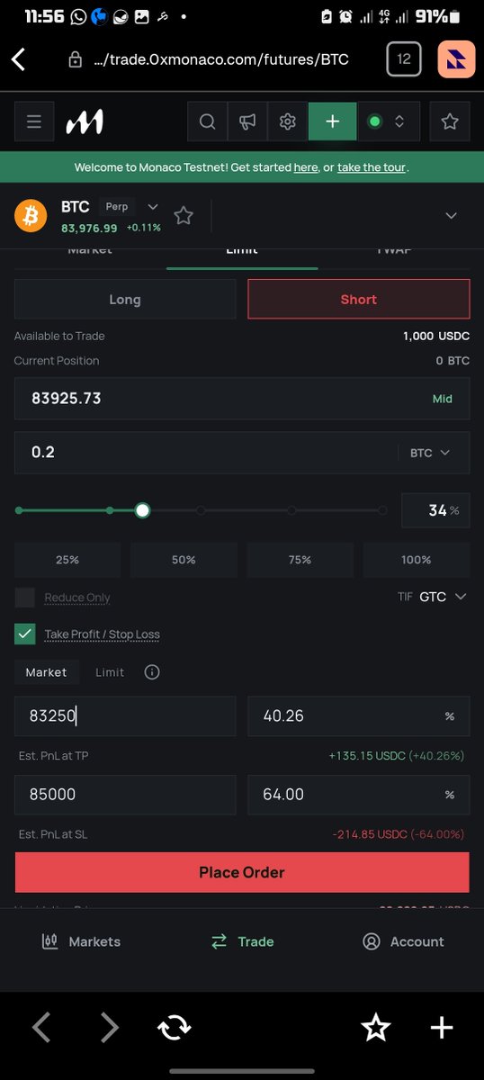 Bruce64942's tweet photo. What most traders look out for in a new trading app is security, trust and safety.

Can I trust this platform with my money? Can I trade comfortably here?

Then comes execution speed, order types, liquidity, fees and reliability.

Imagine spotting a perfect BTC setup, entering a trade, and discovering that your order execution is slow or the spread is eating into your position. That opportunity might not turn out the way you expected.

That's why traders look beyond a nice interface. They want an order book with depth, smooth execution, tools to manage risk, transparent fees and a platform that can handle market volatility.

With these things in mind, I decided to explore @MonacoTrading

Since it's still a testnet, I started with the faucet, claimed test USDC and began testing the trading environment myself.

I opened BTC trades, explored the order book and market depth, checked funding information, tried the TP/SL features 

I entered 
Direction: SHORT
Entry: ~$83,886
TP Target: ~$83,500
SL Target: ~$84,500

And i also went through the trade and transaction history.

I also looked at the platform's trading activity and volume because I wanted to understand more than just what appears on the screen.

What interests me about this process is being able to explore the actual product rather than relying entirely on what a project says it can do.

Of course, using a testnet doesn't prove that a platform is secure, has sufficient real-world liquidity or can handle extreme market conditions. Those are things that still need to be demonstrated.

But it's a starting point for understanding what Monaco is building and how its trading experience works.

I'm not just looking at another place to open a Long or Short. I'm exploring the infrastructure behind the trade.

Still testing, still learning, and watching how Monaco develops. 👀
And this product was brought to my awareness through @sndcapp team, on their last drop campaign of season 2