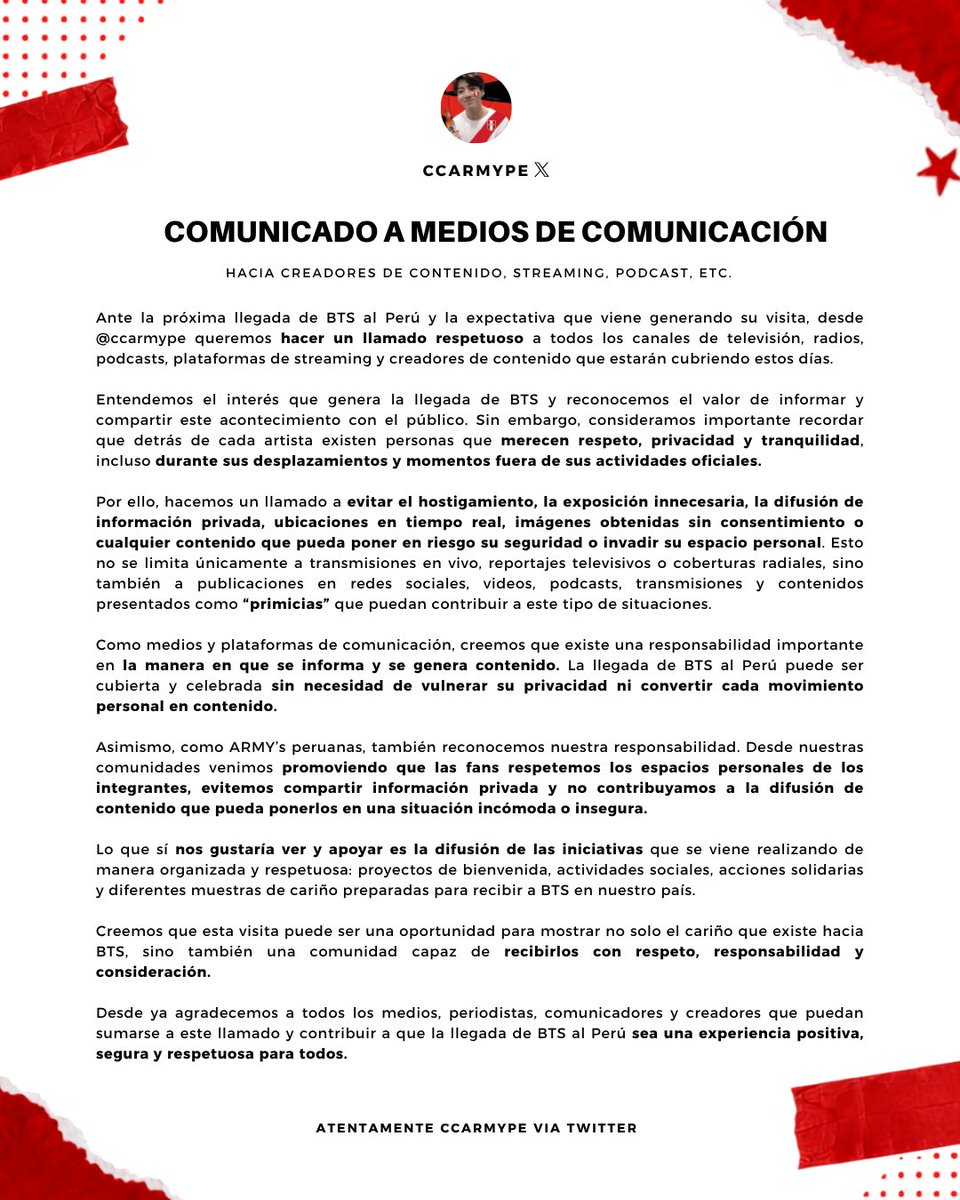 ccarmype's tweet photo. 📢 LLAMADO A LOS MEDIOS | BTS EN PERÚ 

Les pedimos respetar su privacidad y evitar ubicaciones, información privada, imágenes sin consentimiento o “primicias” que vulneren su espacio personal.

#RespectBTSPrivacy @Latina_pe @americatv_peru @atv_noticias @willaxtv @PanamericanaTV https://t.co/NXf87aYWX1