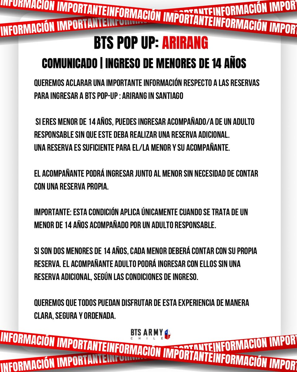 btsarmy_chile's tweet photo. 💜 ¡Importante, ARMY!

Si eres menor de 14 años, recuerda que puedes ingresar junto a un adulto responsable con una sola reserva. Revisa las condiciones de ingreso y prepárate para vivir ARIRANG IN SANTIAGO 🇨🇱✨

🚨SI NO TIENES RESERVA, NO VAYAS 🚨

#bts #btspopupstore #btsarmy #btsworld