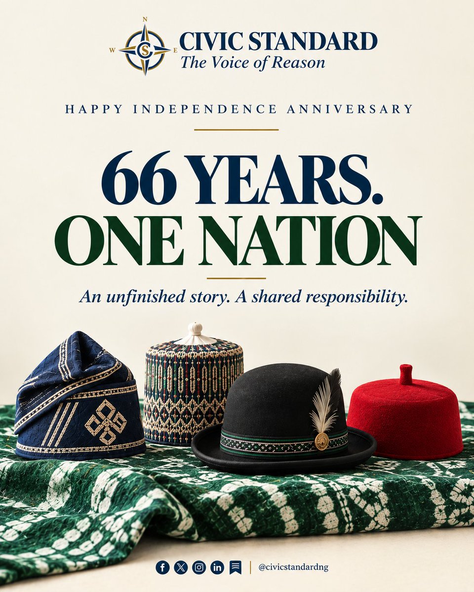 civicstandardng's tweet photo. At 66, Nigeria remains an unfinished story, shaped by what we choose to preserve, improve and build together.

Independence is more than a milestone. It is a responsibility to build a nation worthy of its people.

Happy Independence Anniversary, Nigeria🇳🇬

#CivicStandardNG https://t.co/kLVrfwcT7F