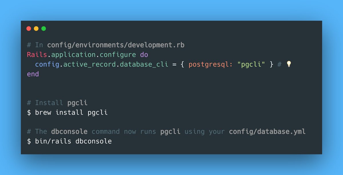 RubyCademy's tweet photo. Tired of the default Rails DB console? 

In Rails 8, you can now customize it! 💚  #rubyonrails

🔗 https://t.co/x8zss0BouE https://t.co/Obu7Lp2oVv