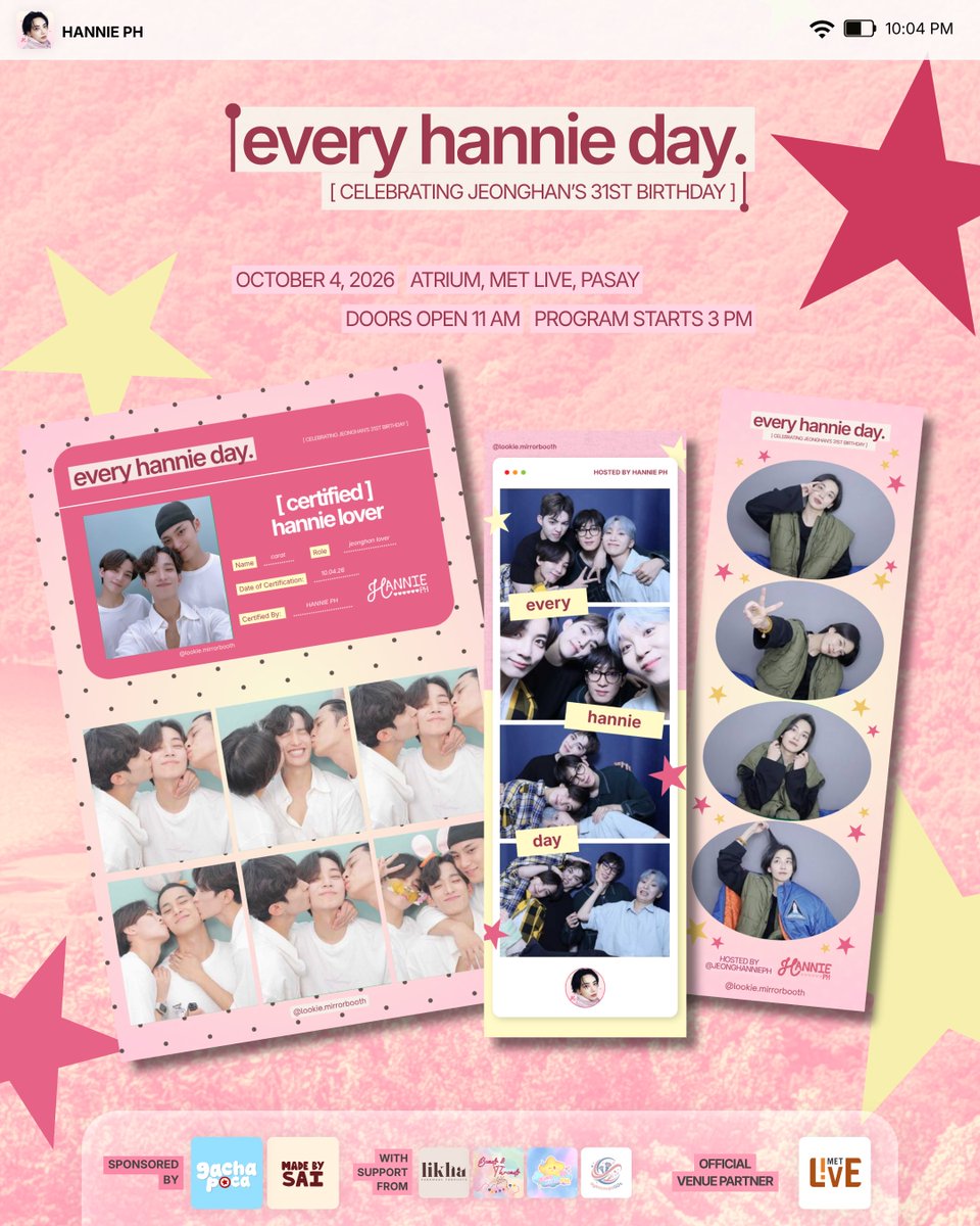 jeonghannieph's tweet photo. keep memories of every hannie day close to your heart! make sure to stop by lookie photobooth to take your photos!

✩ php200 for 2 photostrips 
✩ just add php100 for a photokeyring with unlimited charms!
✩ choose from every hannie day EXCLUSIVE photobooth frames
✩ decorate your photostrips your way!

⋆˚ ✺ ｡ּ every hannie day
fan zone for JEONGHAN's 31st birthday

HOSTED BY HANNIE PH
— @jeonghannieph

— ✩ october 4, 2026
— ✩ free admission
— ✩ atrium, met live, pasay

REGISTER NOW ✺ https://t.co/q0HO0FVkii

#JEONGHAN #정한
#everyHANNIEday