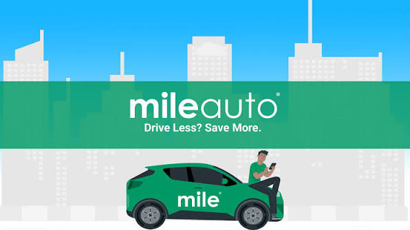 A promotional graphic for 'mileauto' features the tagline 'Drive Less? Save More.' against a city skyline, with an illustration of a man in a green shirt leaning against a green car branded with the 'mile' logo.