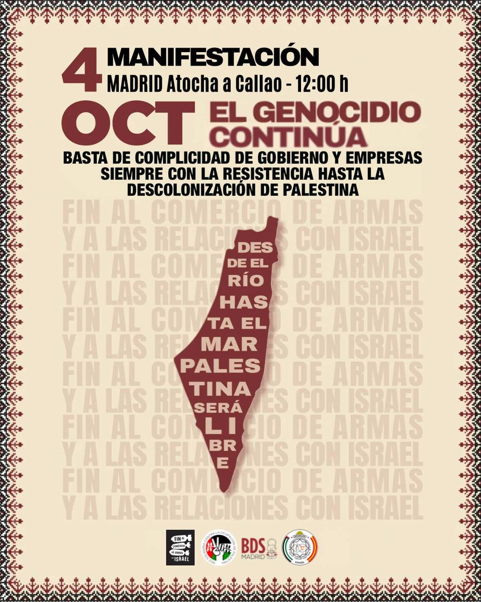 BDSMadrid's tweet photo. Manifestación por Palestina
Salimos con la misma fuerza que hace 1 año, con rabia tras 3 años de gen*cidi*
Gritamos por la descolonización de 🇵🇸 , exigiendo al Gobierno el fin del comercio de armas y la ruptura de relaciones diplomáticas y comerciales con Israel.
#4OPalestina https://t.co/vphyySPpRD