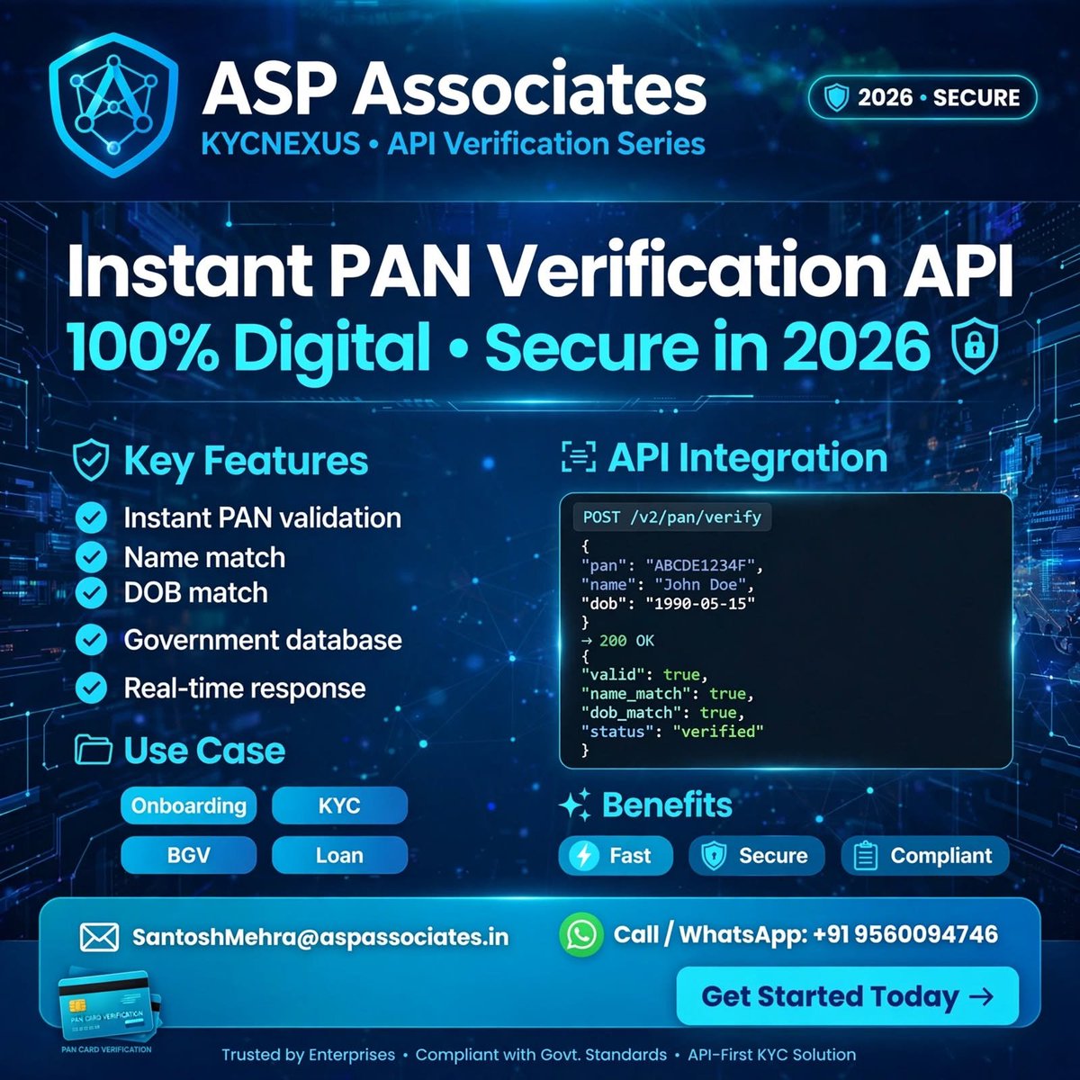 santoshmehra11's tweet photo. ⚡ Instant PAN Verification API — 100% Digital • Secure in 2026 🛡️
Key Features:
✅ Instant PAN validation
✅ Name & DOB match
✅ Govt database
✅ Real-time response
#PANVerification #KYCNEXUS #API #ASPAssociates #KYC #BGV #Fintech https://t.co/6gO0WUrckF