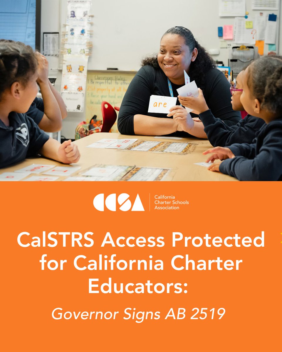 CALcharters's tweet photo. Another WIN for California’s charter public school educators! 🎉 

@CAgovernor signed CCSA-sponsored AB 2519, ensuring eligible charter educators can continue participating in @CalSTRS and building their pension benefits while serving their school communities.

@AsmTinaMcKinnor championed this cause! A major victory for educators, equity and the power of collective advocacy.

🔗 Click the press release line in comments for details.