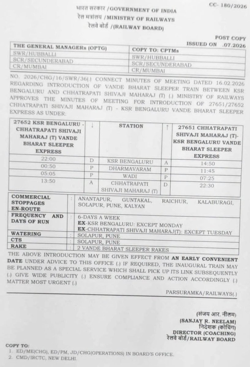 dalkhola45's tweet photo. 🚨 BREAKING 

 Railway Board approves the  Bengaluru–Mumbai Vande Bharat Sleeper Express!

27651/27652
KSR Bengaluru ↔ Chhatrapati Shivaji Maharaj Terminus 

📌 6 days a week
📌 Commercial stoppages: Anantapur, Guntakal, Raichur, Kalaburagi, Solapur, Pune &amp; Kalyan https://t.co/YRoYiLrF0Z
