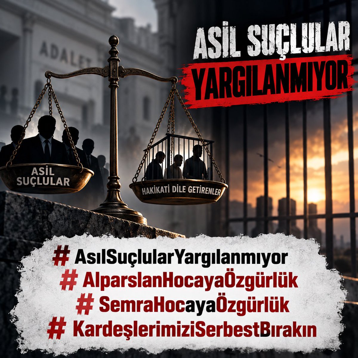 ozdemirkemal562's tweet photo. Asıl suçlular yargılanmazken, hakikati dile getirenler cezalandırılıyor! 
Adaletin terazisi şaşmış, zulüm sıradanlaştırılmıştır. 

Bilinmelidir ki hiçbir baskı hakikatin sesini susturamayacaktır.

#AsılSuçlularYargılanmıyor
#AlparslanHocayaÖzgürlük
#SemraHocayaÖzgürlük https://t.co/P4WVBWdFPD