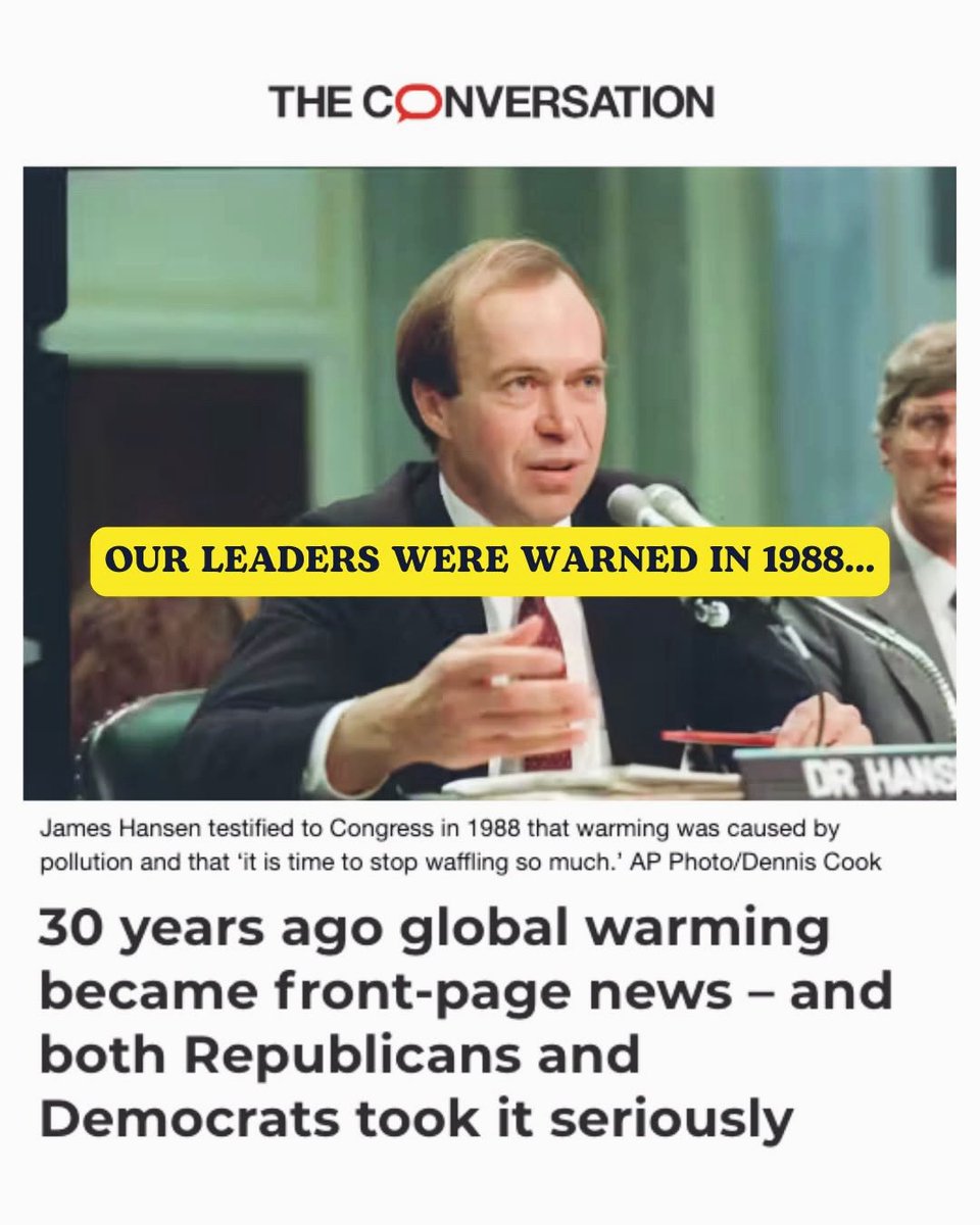 EarthHeroOrg's tweet photo. In 1988, NASA scientist James Hansen warned Congress that human-caused warming was underway.

We’ve known the problem for decades, and we know the solutions: clean energy, efficiency, electrification, cutting methane, and protecting forests. Let’s improve our world together. 💚🌱 https://t.co/huxszf0r1b
