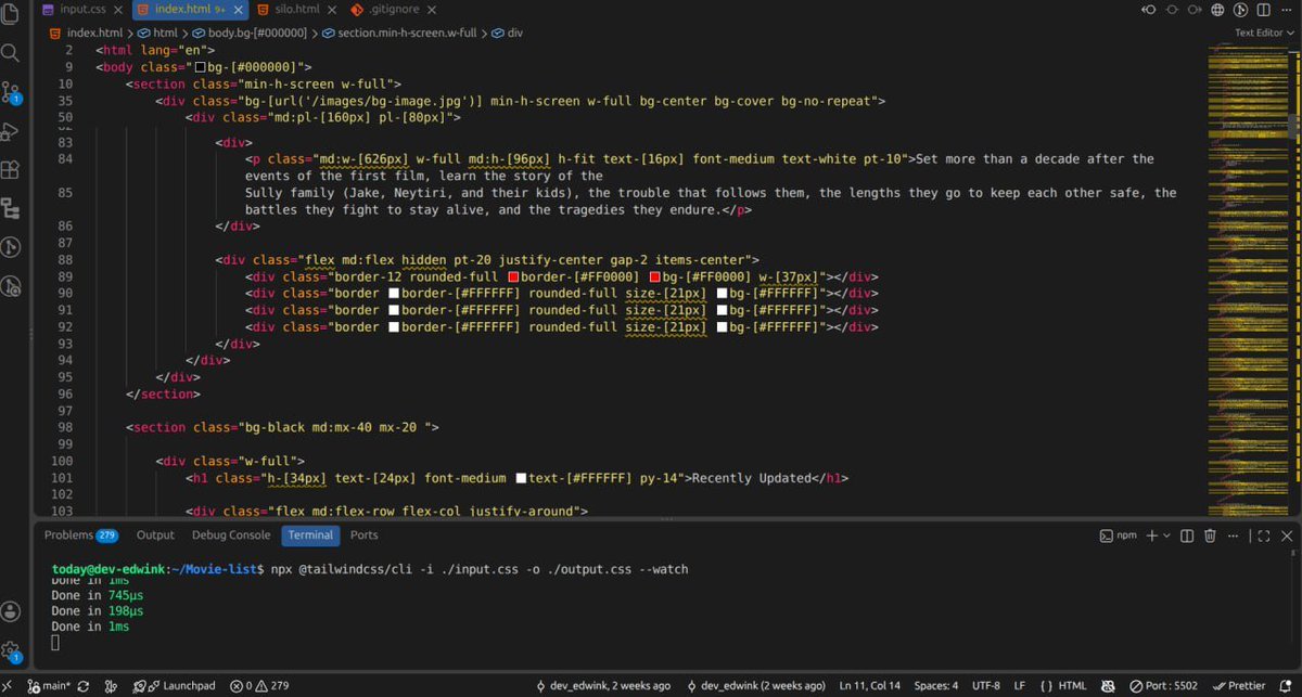 dev_edwin_'s tweet photo. Day 18/100

Continued building my movie streaming website 

Worked on the movie sections, trending content, recently updated titles, and responsive layouts with HTML  Tailwind CSS.

One more day of learning by building. https://t.co/pbKr69RlHB