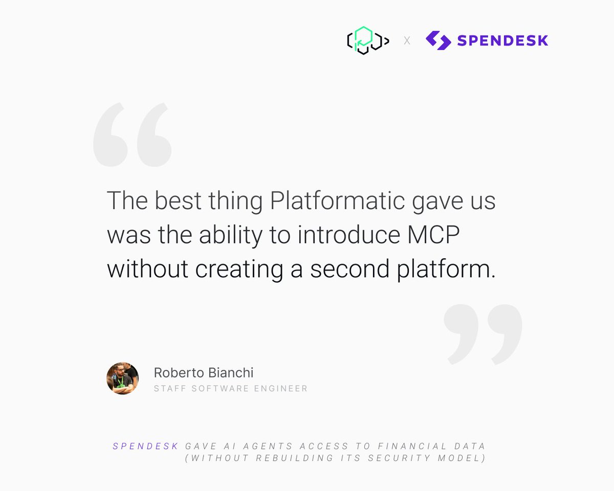 platformatic's tweet photo. 𝘤𝘢𝘯𝘈𝘤𝘤𝘦𝘴𝘴𝘛𝘰𝘰𝘭 didn't exist in @platformatic/mcp until @Spendesk needed a role check that sees the full request context.

They built it, plus AJV validation, 𝘵𝘳𝘢𝘯𝘴𝘧𝘰𝘳𝘮𝘙𝘰𝘶𝘵𝘦𝘚𝘤𝘩𝘦𝘮𝘢 and 𝘮𝘤𝘱𝘊𝘢𝘭𝘭𝘛𝘰𝘰𝘭, and contributed all of it upstream. https://t.co/Vo7L6KQEjR