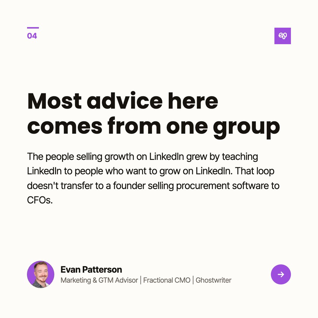 evanmpatterson's tweet photo. "A lot of views" means something different depending on what you sell.

LinkedIn growth coaches grew by teaching LinkedIn growth. That loop doesn't transfer to a founder selling procurement software to CFOs. Figure out what one view is worth before chasing more. https://t.co/bnikeoeoBa
