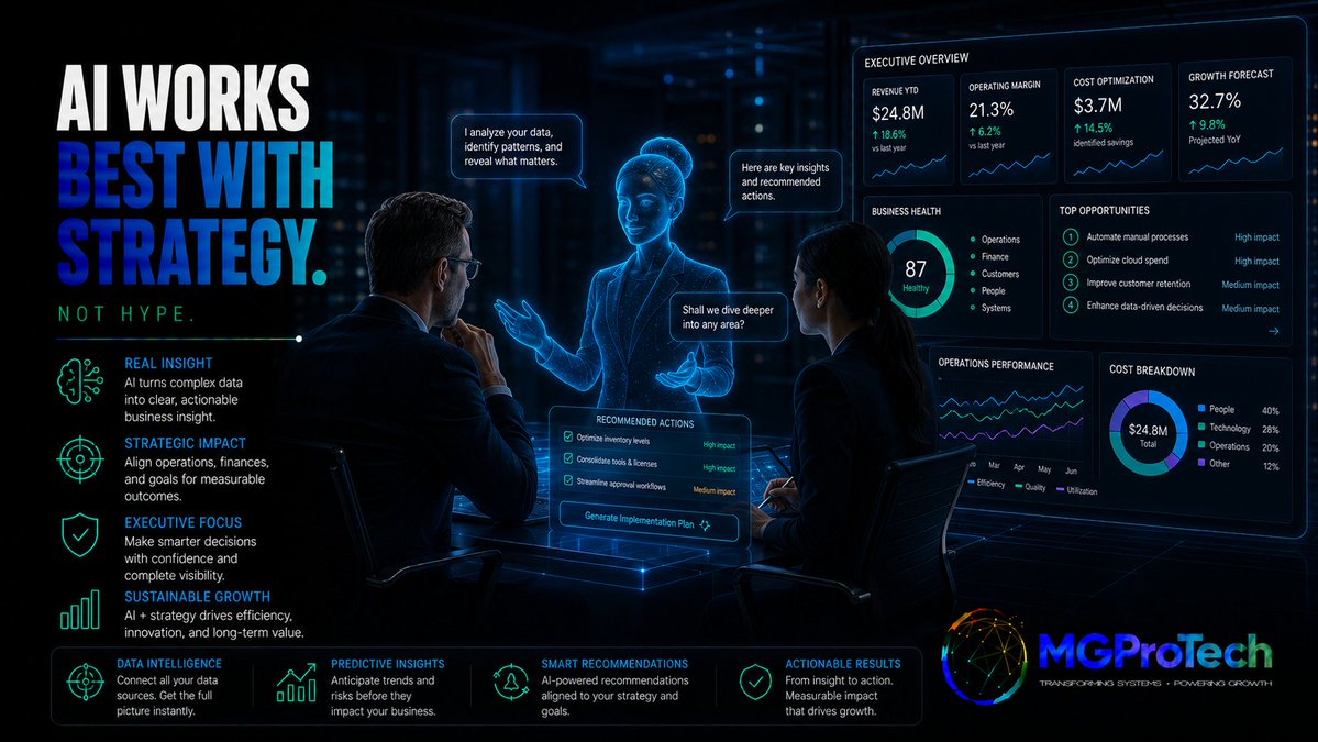 MGProTechCA's tweet photo. AI is useful when it helps you make better decisions, not when it just gives you another dashboard to stare at.

The real value comes from turning scattered data into something you can actually act on:

Spot patterns.
Find risks earlier.
Identify opportunities.
Prioritize what matters.
Turn insight into measurable action.

That’s where AI and strategy belong together.

At MGProTech, we see AI as a tool for better judgment, better operations, and better outcomes, not hype for hype’s sake.

#MGProTech #ArtificialIntelligence #AIForBusiness #BusinessStrategy #DataAnalytics #DigitalTransformation #BusinessIntelligence #Automation #ITStrategy #DecisionMaking #OperationalEfficiency #TechnologyStrategy