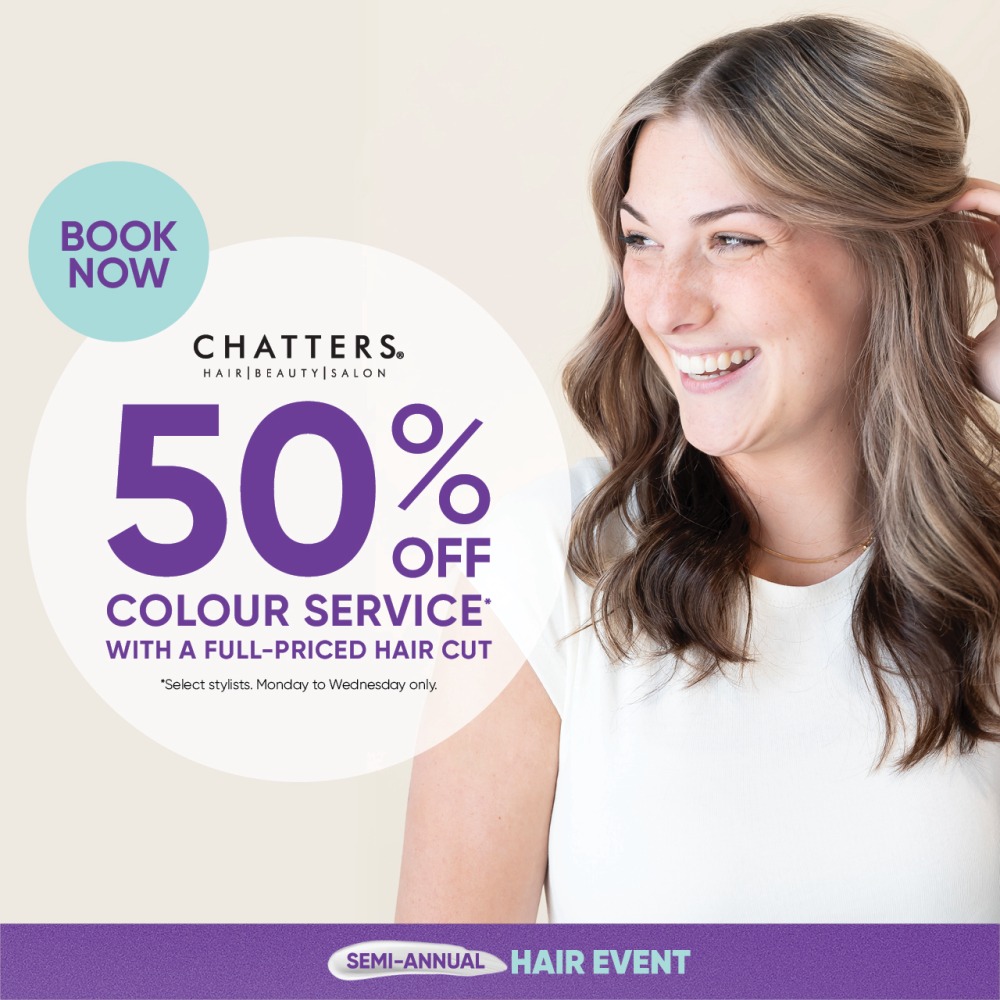 stoneroadmall's tweet photo. Chatter's Hair Salon-Ready for a fresh new look? Enjoy 50% off Colour with an Full-Priced Haircut, Monday–Wednesday with select stylists. Treat yourself to a colour refresh and save! Visit our salon to learn more about your next appointment. #stoneroadmall #StayTrue https://t.co/pJiRPGzafn