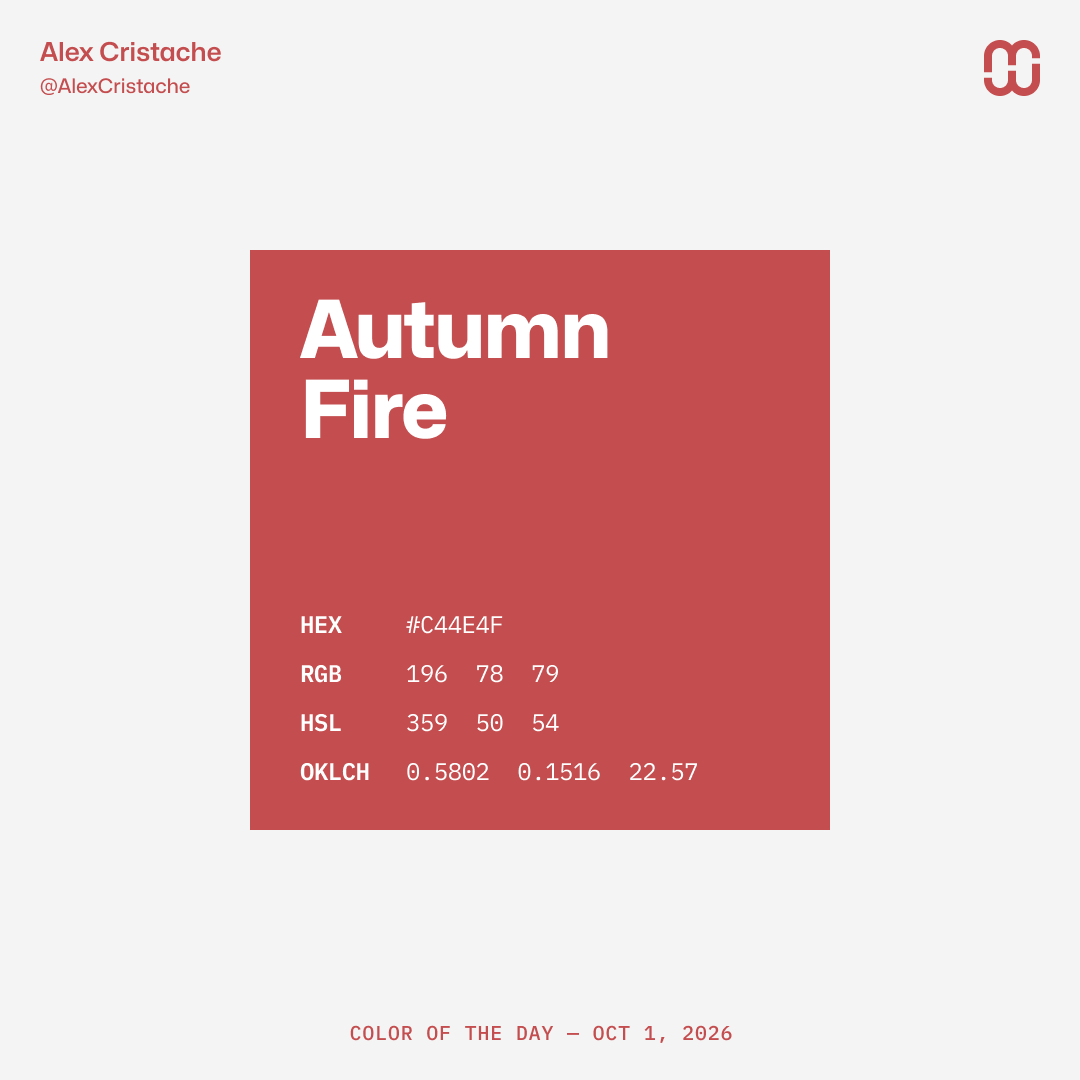 AlexCristache's tweet photo. "Autumn Fire" – C44E4F – is our Color of the Day.
I did NOT expect October to bring the heat.
But here we are, it's Autumn Fire!
#ColorOfTheDay #ColorInspiration https://t.co/npfKObJDmM