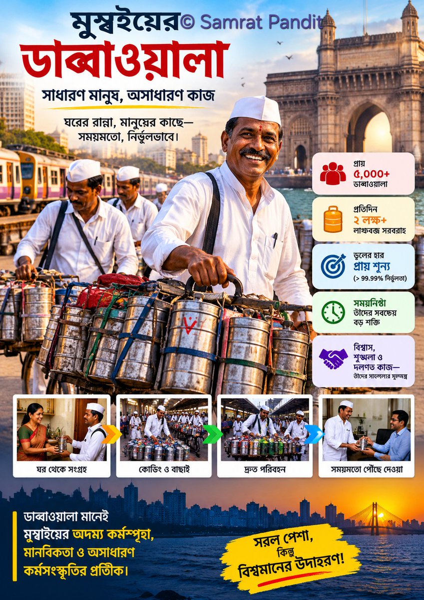 SamratPandit90's tweet photo. 🍱 মুম্বাইয়ের ডাব্বাওয়ালা: ১৩৫ বছরের আস্থা, সময়নিষ্ঠা ও কর্মসংস্কৃতির এক অনন্য গল্প

মুম্বাইকে শুধু স্বপ্নের শহর বলা হয় না—এটি সময়, গতি ও পরিশ্রমের শহর। আর এই শহরের কর্মব্যস্ত জীবনের সঙ্গে ওতপ্রোতভাবে জড়িয়ে রয়েছে এক অসাধারণ ব্যবস্থা—মুম্বাইয়ের ডাব্বাওয়ালা। ১৮৯০ সালে মহাদেও হাজি বাচ্চে প্রায় ৪০ জন ডাব্বাওয়ালাকে নিয়ে এই সংগঠিত পরিষেবার সূচনা করেন। ধীরে ধীরে ছোট পরিসরের এই উদ্যোগ পরিণত হয় মুম্বাইয়ের অন্যতম পরিচিত কর্মসংস্কৃতিতে। 

সাদা পোশাক, গান্ধী টুপি, সাইকেল, রেলপথ এবং হাতে লেখা/কোড করা চিহ্ন—এই সরল উপকরণগুলিই হয়ে ওঠে তাঁদের বিশাল সরবরাহ ব্যবস্থার মূল শক্তি। বাড়ি থেকে সংগ্রহ করা রান্না করা খাবার নির্দিষ্ট চিহ্ন ও কোড অনুযায়ী বিভিন্ন সংগ্রহকেন্দ্রে পৌঁছায়, সেখান থেকে মুম্বাইয়ের লোকাল ট্রেনে এক এলাকা থেকে অন্য এলাকায় যায় এবং শেষপর্যন্ত পৌঁছে যায় অফিসকর্মীর টেবিলে। দুপুরের পর সেই খালি ডাব্বাগুলিও আবার একইভাবে বাড়িতে ফিরিয়ে দেওয়া হয়। 

🚂 বছরের পর বছর বদলেছে শহর, বদলেছে ডাব্বাওয়ালাদের ব্যবস্থাপনাও

প্রথমদিকে কাজটি ছিল অনেকটাই ব্যক্তিগত ও ছোট পরিসরের। কিন্তু মুম্বাইয়ের জনসংখ্যা ও অফিসকেন্দ্রিক কর্মসংস্কৃতি বাড়ার সঙ্গে সঙ্গে ডাব্বাওয়ালাদের সংগঠনও বড় হতে থাকে। তাঁদের ব্যবস্থার অন্যতম বৈশিষ্ট্য হল দলগত কাজ, নির্দিষ্ট রুট, পারস্পরিক দায়িত্ব এবং সহজ অথচ কার্যকর কোডিং ব্যবস্থা। প্রযুক্তির ব্যবহার সীমিত হলেও মানুষের অভিজ্ঞতা ও সমন্বয়ই এই ব্যবস্থাকে দীর্ঘদিন সচল রেখেছে। 

🦠 করোনা: শতাব্দীপ্রাচীন ব্যবস্থার সবচেয়ে বড় ধাক্কা

২০২০ সালের COVID-19 মহামারি ডাব্বাওয়ালাদের জীবনেও বড় পরিবর্তন নিয়ে আসে। লকডাউনের সময় অফিস বন্ধ হয়ে যাওয়ায় তাঁদের প্রধান গ্রাহকই কার্যত অদৃশ্য হয়ে যান। লোকাল ট্রেন পরিষেবা বন্ধ থাকায় তাঁদের স্বাভাবিক পরিবহণ ব্যবস্থাও ভেঙে পড়ে। বহু ডাব্বাওয়ালা দীর্ঘ সময় আয়হীন হয়ে পড়েন। সংগঠনের পক্ষ থেকে খাদ্যসামগ্রী, আর্থিক সহায়তা ও সাইকেল দিয়ে অনেককে আবার কাজে ফিরতে সাহায্য করা হয়। 

📱 বর্তমান সময়ে নতুন বাস্তবতা

করোনা পরবর্তী সময়ে অফিস খুললেও আগের পরিস্থিতি পুরোপুরি ফিরে আসেনি। Work From Home ও Hybrid Work-এর কারণে বহু কর্মী প্রতিদিন অফিসে যান না। ২০২৬ সালের একটি প্রতিবেদনে বলা হয়েছে, ডাব্বা সরবরাহের সংখ্যা মহামারির আগের প্রায় ২ লক্ষ থেকে কমে প্রায় ৬৫,০০০–৭০,০০০-এ নেমেছে। একই সঙ্গে LPG-সংকটও কিছু সময় তাঁদের গ্রাহকদের রান্না ও সরবরাহ ব্যবস্থায় প্রভাব ফেলেছে। 

এর পাশাপাশি রয়েছে অনলাইন ফুড-ডেলিভারি অ্যাপ, রেস্তোরাঁ, ক্লাউড কিচেন এবং দ্রুত বদলে যাওয়া শহুরে খাদ্যাভ্যাসের প্রতিযোগিতা। সংগঠনের নিজস্ব তথ্যেও প্রযুক্তি, প্রতিযোগিতা এবং Hybrid/Work-from-Home সংস্কৃতিকে ভবিষ্যতের বড় চ্যালেঞ্জ হিসেবে উল্লেখ করা হয়েছে। 

🔮 আগামী দিনের প্রশ্ন

সবচেয়ে বড় প্রশ্ন শুধু ডাব্বার সংখ্যা কমা নয়—পরবর্তী প্রজন্ম কি এই পেশায় আসবে? জীবনযাত্রার ব্যয় বৃদ্ধি, অনিয়মিত আয়, আবাসন ও আর্থিক নিরাপত্তার সমস্যা এবং নতুন কর্মসংস্থানের সুযোগ তরুণদের এই পেশা থেকে দূরে সরিয়ে দিতে পারে। ২০২৫ সালে ডাব্বাওয়ালাদের ১৩৫ বছরের ইতিহাস সংরক্ষণের জন্য বান্দ্রায় একটি আন্তর্জাতিক অভিজ্ঞতা কেন্দ্র/মিউজিয়ামও চালু হয়েছে—যা এই ঐতিহ্যের সাংস্কৃতিক গুরুত্বকে তুলে ধরে। 

তবু মুম্বাইয়ের ব্যস্ত রাস্তায়, ভিড়ের লোকাল ট্রেনে, সাইকেলের চাকার সঙ্গে আজও ছুটে চলেছে সেই পরিচিত সাদা পোশাক ও গান্ধী টুপি।

ডাব্বাওয়ালারা শুধু খাবার পৌঁছে দেন না—তাঁরা পৌঁছে দেন মানুষের বাড়ির স্বাদ, পরিবারের ভালোবাসা এবং সময়ের প্রতি এক অসাধারণ সম্মান।

মুম্বাই বদলেছে, প্রযুক্তি বদলেছে, কাজের ধরন বদলেছে—কিন্তু ডাব্বাওয়ালাদের গল্প এখনও মুম্বাইয়ের কর্মস্পৃহা ও মানবিকতার এক জীবন্ত প্রতীক। 🍱🚲🇮🇳

©সম্রাট পণ্ডিত 

#MumbaiDabbawala #মুম্বাইয়েরডাব্বাওয়ালা #Dabbawala #Mumbai #IndianWorkCulture #TimeManagement #Teamwork #MumbaiLife #TraditionalIndia