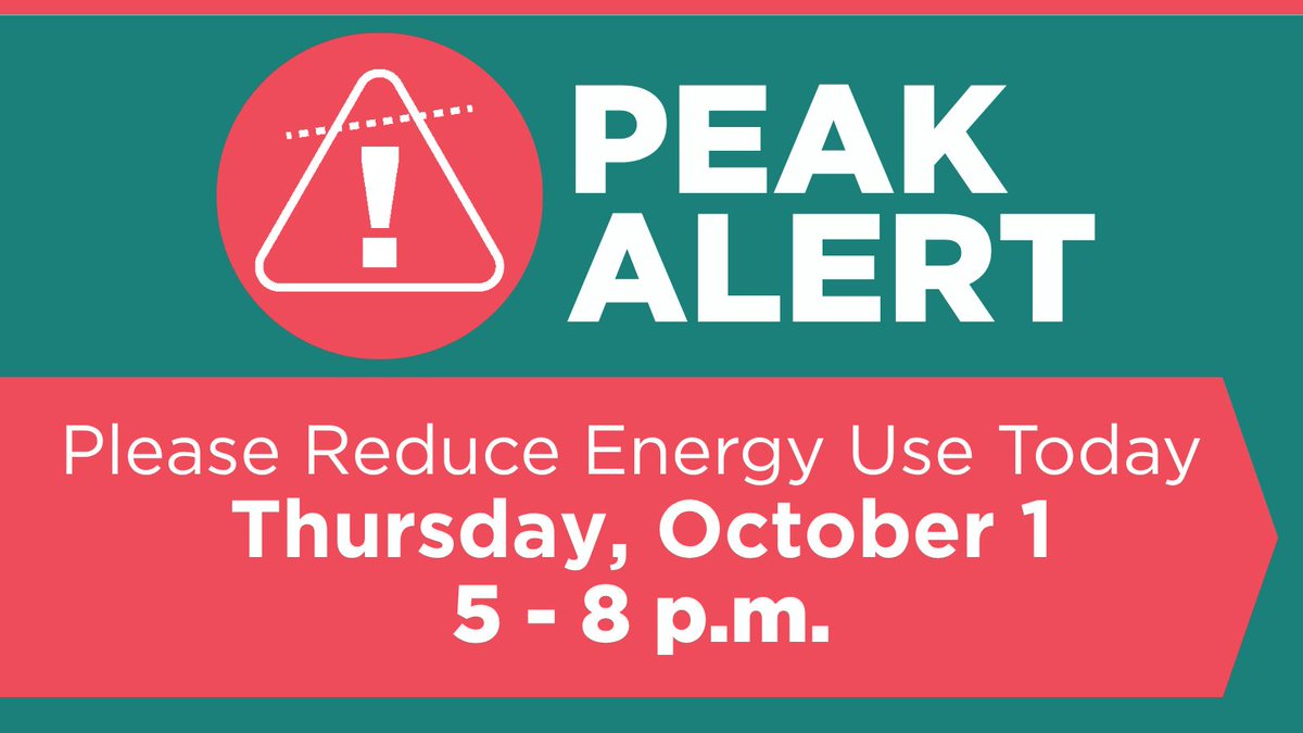 readinglight's tweet photo. Peak Alert **** THURSDAY, OCTOBER 1, 5-8 P.M. ****
A potential energy peak has been identified for today! Visit https://t.co/7tYnH9dy9F for ways to help reduce load and keep rates affordable. https://t.co/Y60Olxaqhl