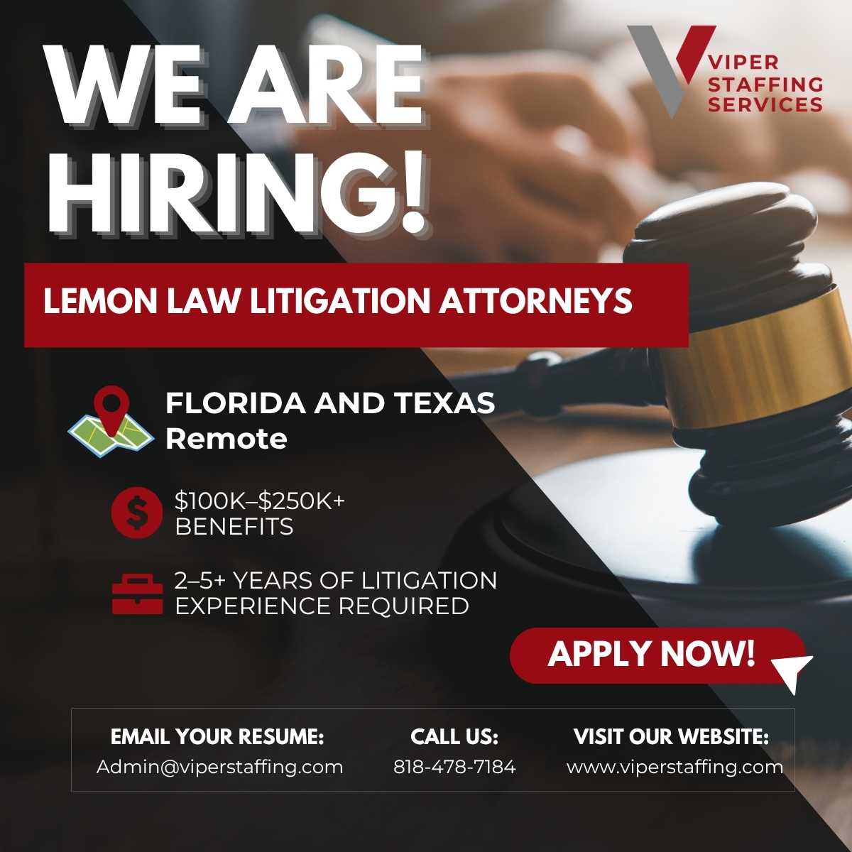 ViperStaffing's tweet photo. We’re hiring Lemon Law Litigation Attorneys in Florida and Texas.
Contact: 818-478-7184
Website: https://t.co/VbIIps1PpH
Email your resume:
Admin@viperstaffing.com
#LemonLaw #AttorneyJobs #RemoteLegalJobs #LegalCareers https://t.co/RQgjjZR9fA