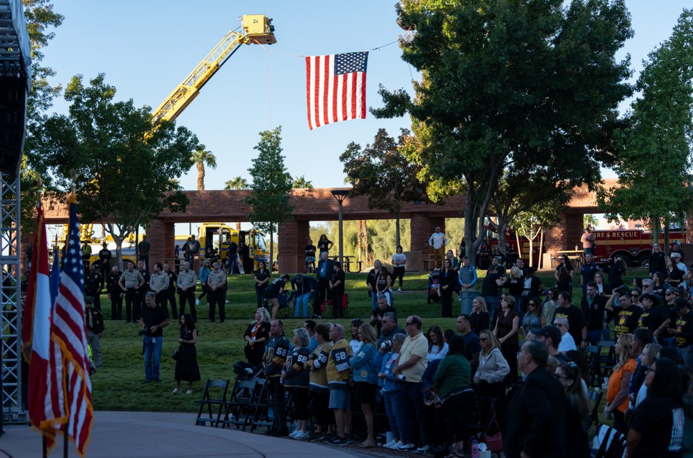 LVMPD's tweet photo. 1 October Sunrise Remembrance Ceremony

This morning, we paused to honor the lives taken from us during the tragic events of October 1, 2017. We also remembered the survivors, families, and first responders whose lives were forever changed that night. Officers, medical personnel, and everyday citizens ran toward the chaos, saving lives and embodying the spirit of what it means to be Vegas Strong.

In the face of unimaginable loss and trauma, our community showed resilience, courage, and compassion.

As we mark this solemn anniversary, we stand with all who continue to heal. We will never forget the lives lost, and we remain committed to protecting and serving this incredible community we call home.