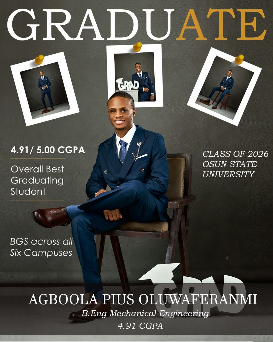 PiusAgboola's tweet photo. 🎓 FROM OSUN STATE UNIVERSITY’S OVERALL BEST GRADUATING STUDENT TO THE NEXT CHAPTER. 🇳🇬

With immense gratitude to God, I’m happy to share that last week, I officially graduated from Osun State University with a B.Eng. in Mechanical Engineering, emerging as the Overall Best Graduating Student for the 2025/2026 Academic Session.

My academic achievement was recognised at multiple levels:

🏆 Best Graduating Student, Department of Mechanical Engineering
🏆 Best Graduating Student, Faculty of Engineering
🏆 Best Graduating Student, College of Science, Engineering and Technology
🏆 Overall Best Graduating Student, Osun State University

It still feels a little surreal writing this.

Behind those titles are years of late nights, demanding deadlines, difficult moments, mistakes, self-doubt, small victories, and countless lessons. There were days when things did not go as planned, but I kept going.

And I certainly did not get here alone.

I’m deeply grateful to my family, lecturers, friends, mentors, classmates, and everyone who supported me, encouraged me, challenged me, prayed for me, or simply believed in me along the way. This achievement carries a piece of all of you.

Now, one chapter has come to an end, and I’m looking forward to the next one.

As Nigeria marks 66 years of independence today, I’m stepping into this new chapter as a young Nigerian engineer with a simple ambition: to keep learning, solve meaningful problems, and contribute wherever my skills can make a difference.

At this stage, I’m particularly open to:

🔹 Fully funded Master’s and Direct PhD opportunities abroad
🔹 Graduate trainee and early-career engineering roles
🔹 Research assistantships, research collaborations and technical projects
🔹 Opportunities in engineering, energy, oil & gas, manufacturing, design and related fields
🔹 Fellowships and leadership programmes
🔹 Mentorship from experienced engineers, researchers and professionals

If you know of a university, professor, research group, organisation, scholarship, or opportunity that could align with my background, I would genuinely appreciate a recommendation, introduction, or even a simple tag.

I’ve come to realise that sometimes, the next opportunity doesn’t come from having all the answers. Sometimes, it comes from meeting the right person who says:

“I know someone you should talk to.”

So, I’m putting myself out there.

A new graduate.
A young engineer.
Still learning.
Still growing.
And excited for what comes next.

🇳🇬 Happy Independence Day, Nigeria.

Agboola, Pius Oluwaferanmi
B.Eng. Mechanical Engineering | Osun State University
Overall Best Graduating Student | 2025/2026 Academic Session

#NigeriaAt66 #MechanicalEngineering #UNIOSUN #Engineering #Scholarships #GraduateOpportunities #Research #OpenToOpportunities