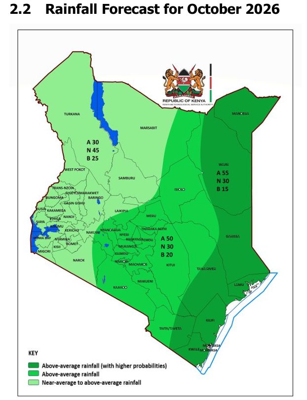 MeteoKenya's tweet photo. RAINFALL FORECAST FOR OCTOBER 2026

🌧️⛈️Above-average rainfall (with higher  probabilities) is likely to occur in Kwale,  Mombasa, Kilifi, Lamu, Mandera and parts of  Taita Taveta, Tana River, Garissa and Wajir  Counties

🌧️🌧️Above-average rainfall is expected in  Makueni, Kajiado, Machakos, Nairobi, Kiambu,  Murang’a, Kirinyaga, Embu, Tharaka-Nithi,  Meru, Isiolo, Nyandarua, Nyeri and parts of  Taita Taveta, Tana River, Garissa, Wajir,  Marsabit, Laikipia, Nakuru and Narok Counties

🌧️🌦️Near-average to above-average rainfall is  expected in Baringo, Bomet, Bungoma, Busia,  Elgeyo Marakwet, Homa Bay, Kakamega,  Kericho, Kisii, Kisumu, Migori, Nandi, Nyamira,  Samburu, Siaya, Trans Nzoia, Turkana, Uasin  Gishu, Vihiga, West Pokot and parts of Narok,  Nakuru and Laikipia Counties.

⚠️Heavy rainfall events are expected in several  parts of the country. @MoICTKenya 
https://t.co/NpzGfJekL0