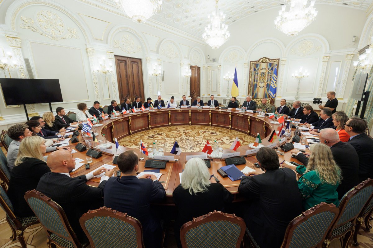 ZelenskyyUa's tweet photo. It is very symbolic that today, on Pokrova, we met with all EU ambassadors to Ukraine. We discussed many issues. Of course, first and foremost, the readiness to support Ukraine. Air defense and joint production, financial resilience, EU accession, and sanctions pressure on Russia for its war are the key tracks we are working on. There will be more such coordination formats on foreign policy. Thank you for your support.