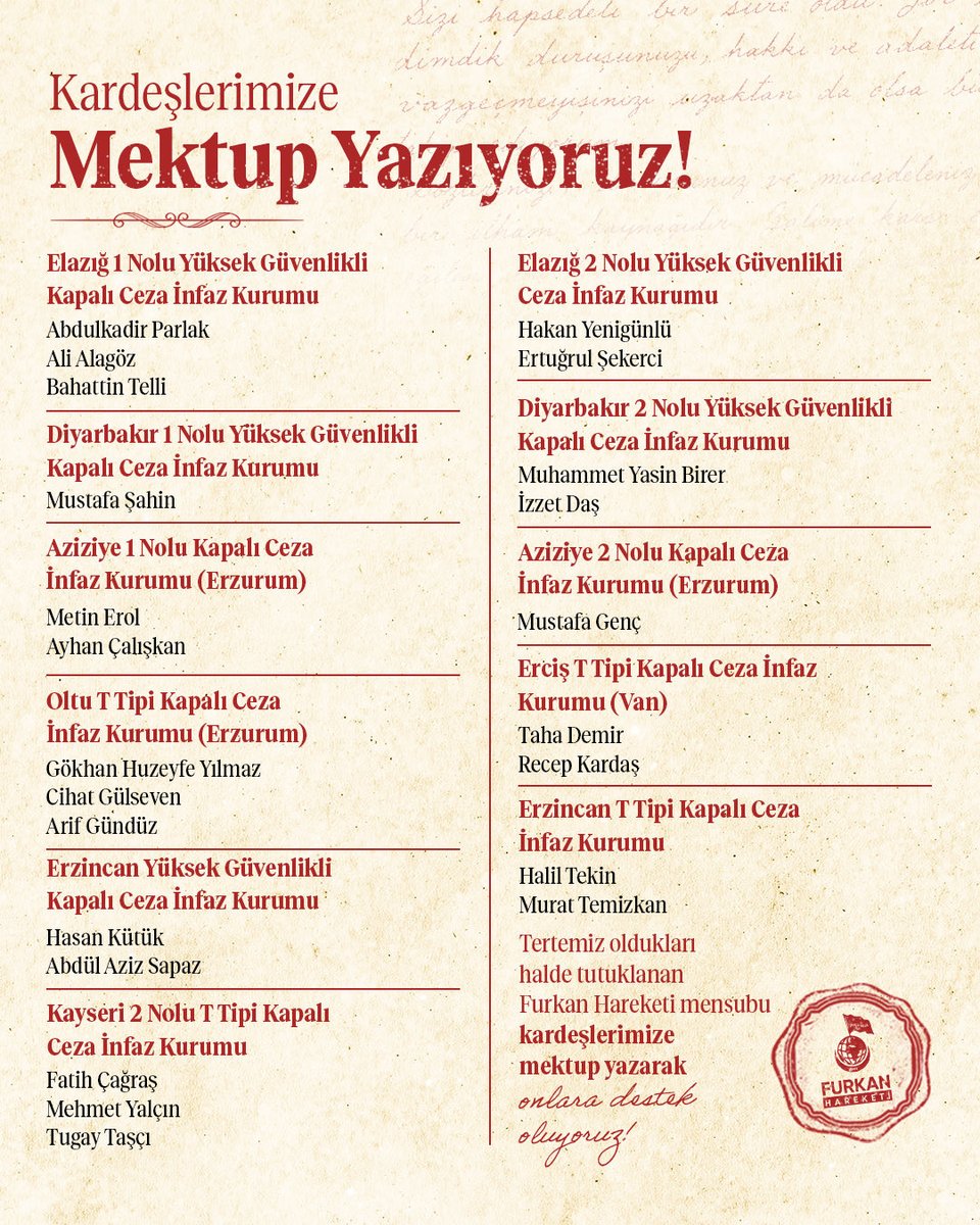 frknhrkti's tweet photo. Kardeşlerimize Mektup Yazıyoruz! 

AsılSuçlular Yargılanmıyor
AlparslanHocaya Ozgürlük 
SemraHocaya Ozgürlük
Kardeşlerimizi SerbestBırakın https://t.co/G61a6LgCzI