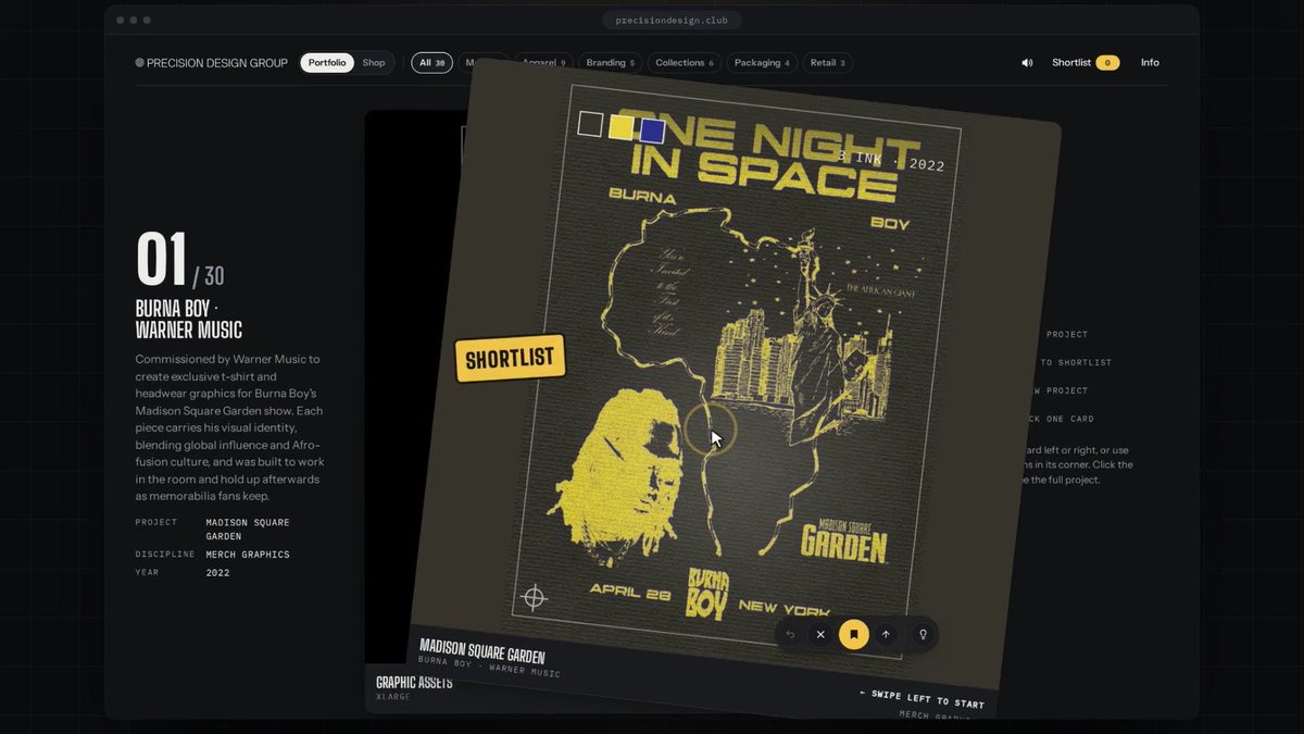 A dark-themed design portfolio page showcases project '01/30' for 'BURNA BOY - WARNER MUSIC' featuring 'MADISON SQUARE GARDEN', highlighting an exclusive 'One Night In Space' v-shirt graphic at Madison Square Garden in 2022, from the site 'precisiondesign.club'.
