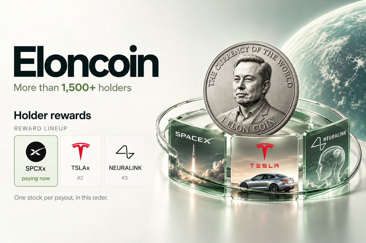 finalelon_sol's tweet photo. Over 1500+ holders now hold Eloncoin 🔥

Receive rewards in SpaceX, Tesla, and Neuralink pre-IPO stock, simply by holding $ELON

https://t.co/R1W4yUIRmS https://t.co/GeyYIeSd1U