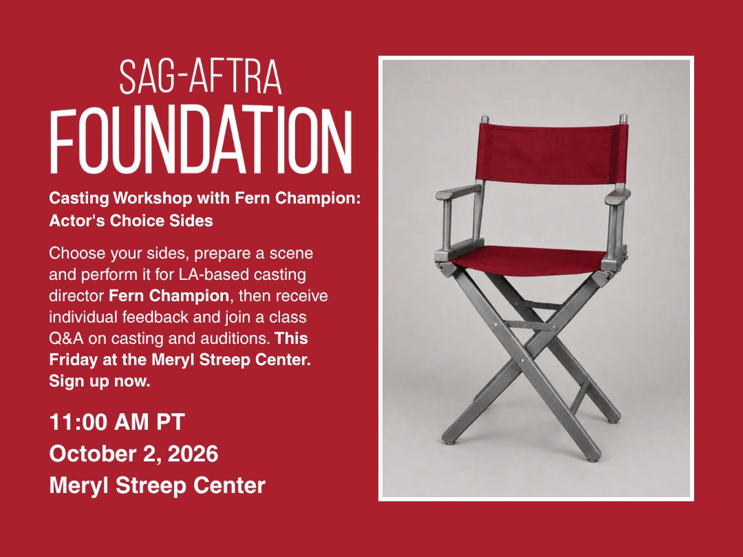 sagaftraFOUND's tweet photo. Perform for LA-based casting director Fern Champion, get individual feedback and join a class Q&amp;A. Fri, Oct 2 at 11am PT, Meryl Streep Center. Sides due Oct 1 at 12pm PT. 

Sign up: https://t.co/nr2zEPzU8z https://t.co/XoeMmpq3k6