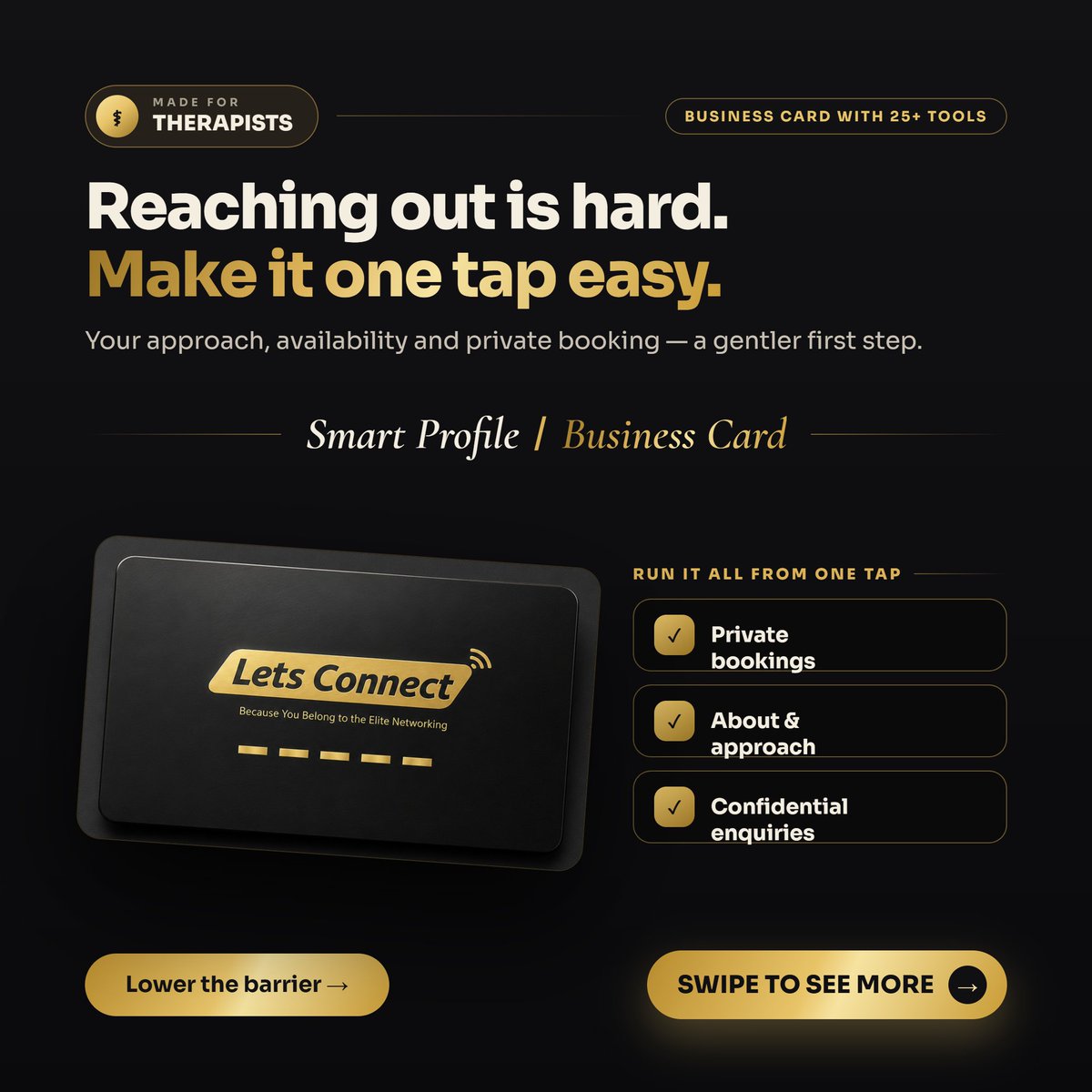 letsconnectcard's tweet photo. Reaching out is hard. Make it one tap easy. 🌱

Your approach, availability &amp; private booking — a gentler first step. One tap shares private bookings, your about &amp; approach page and confidential enquiries.

£49 lifetime at letsconnectcard

#Therapists #NFCBusinessCard https://t.co/nbKD9mKLBw