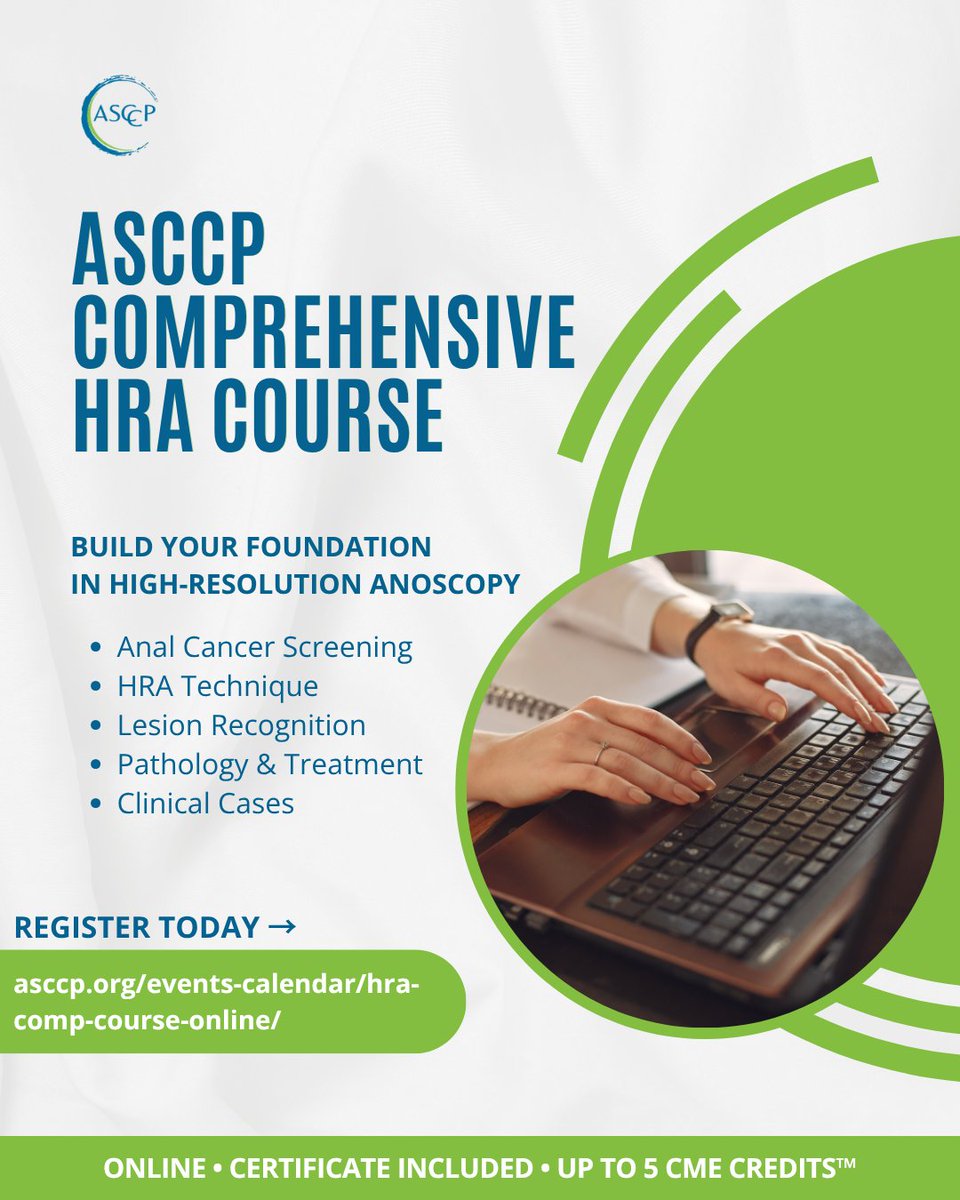 ASCCP's tweet photo. 💻 Strengthen your HRA knowledge with ASCCP’s Comprehensive HRA Course! Explore anal cancer screening, HRA technique, lesion recognition, pathology &amp; treatment—all online.
🎓 Up to 5 AMA PRA Category 1 Credits™
📚 Certificate included
🔗 https://t.co/pxR9afoMWh
#ASCCP https://t.co/jRxezdVbos