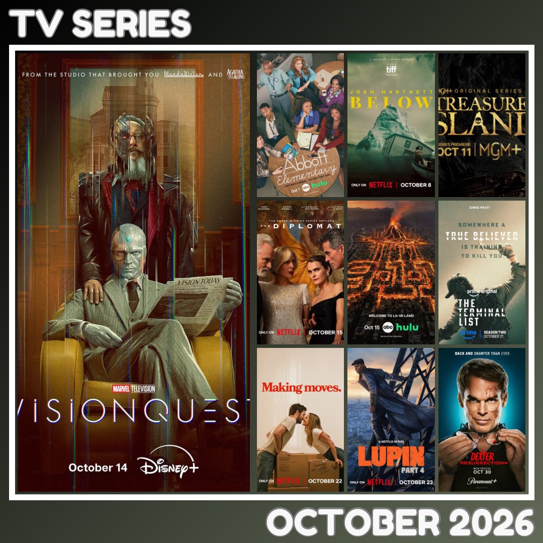 MovieTimelines's tweet photo. Marvelous slate this month | October 2026 📺 🍿 #Visionquest #AbbottElementary #TheDiplomat #Lupin #TheTerminalList #DexterResurrection #MakingMoves #Below #TreasureIsland https://t.co/sjhds3pn0e
